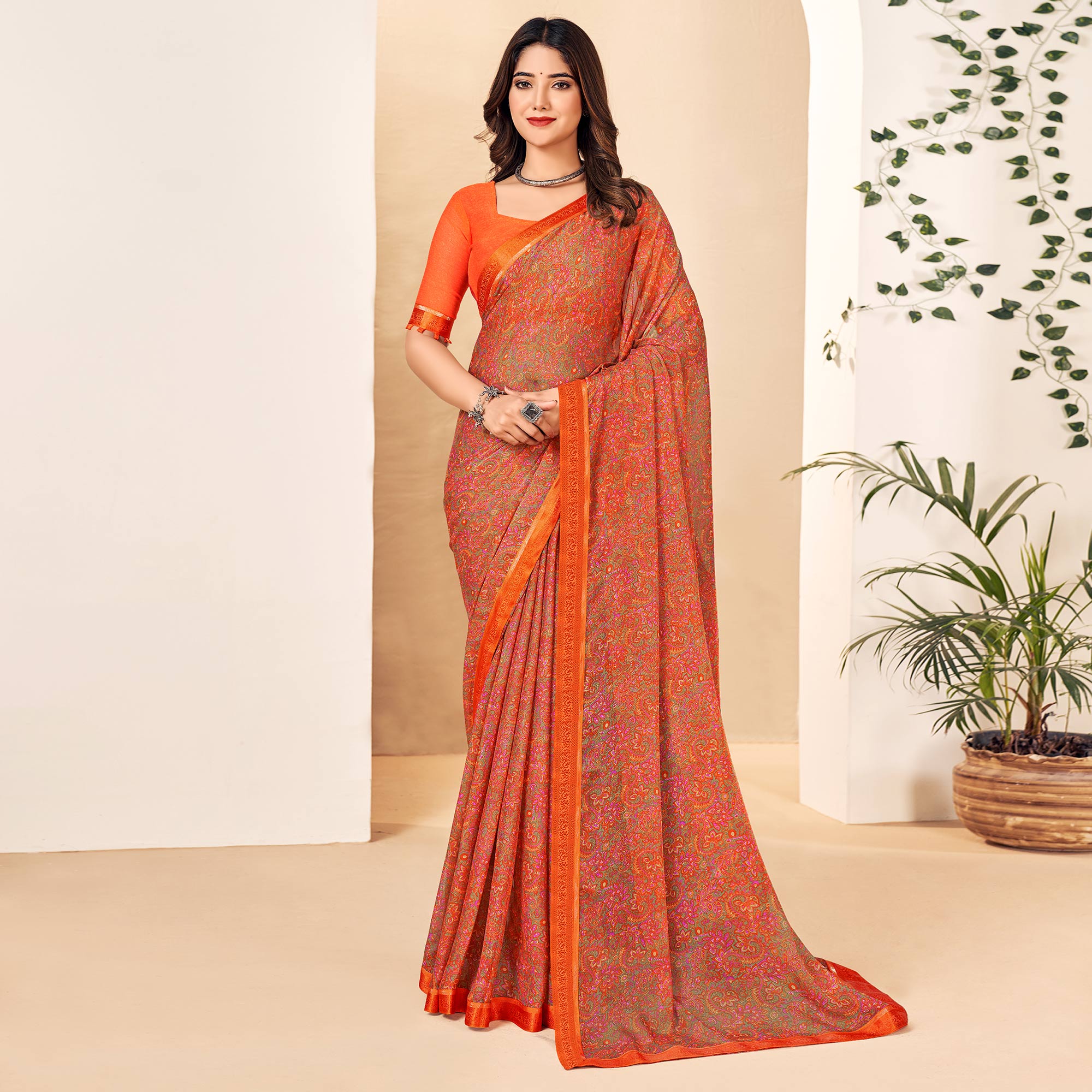 Orange Floral Printed Chiffon Saree With Lace Border