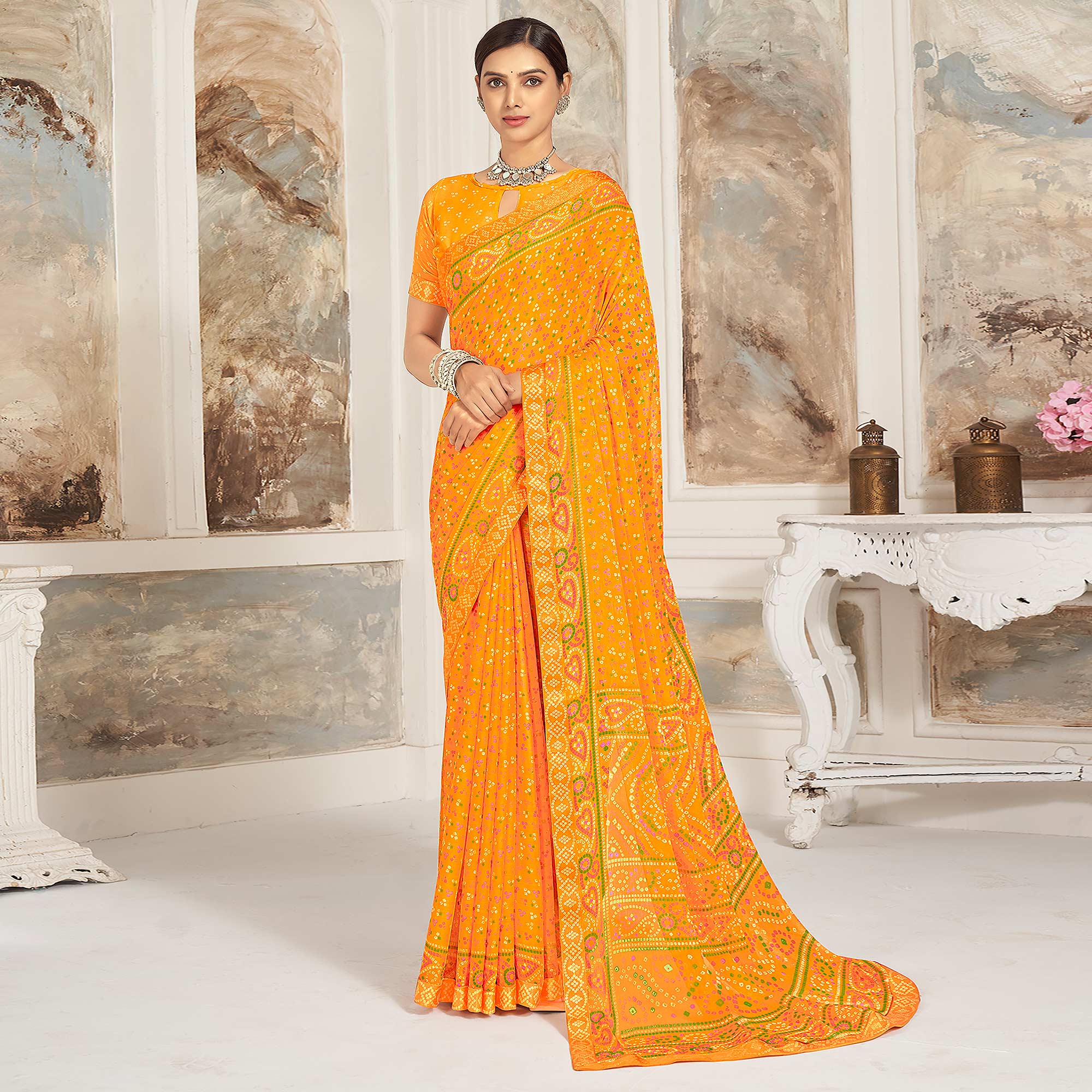 Mustard Bandhani Printed Chiffon Saree