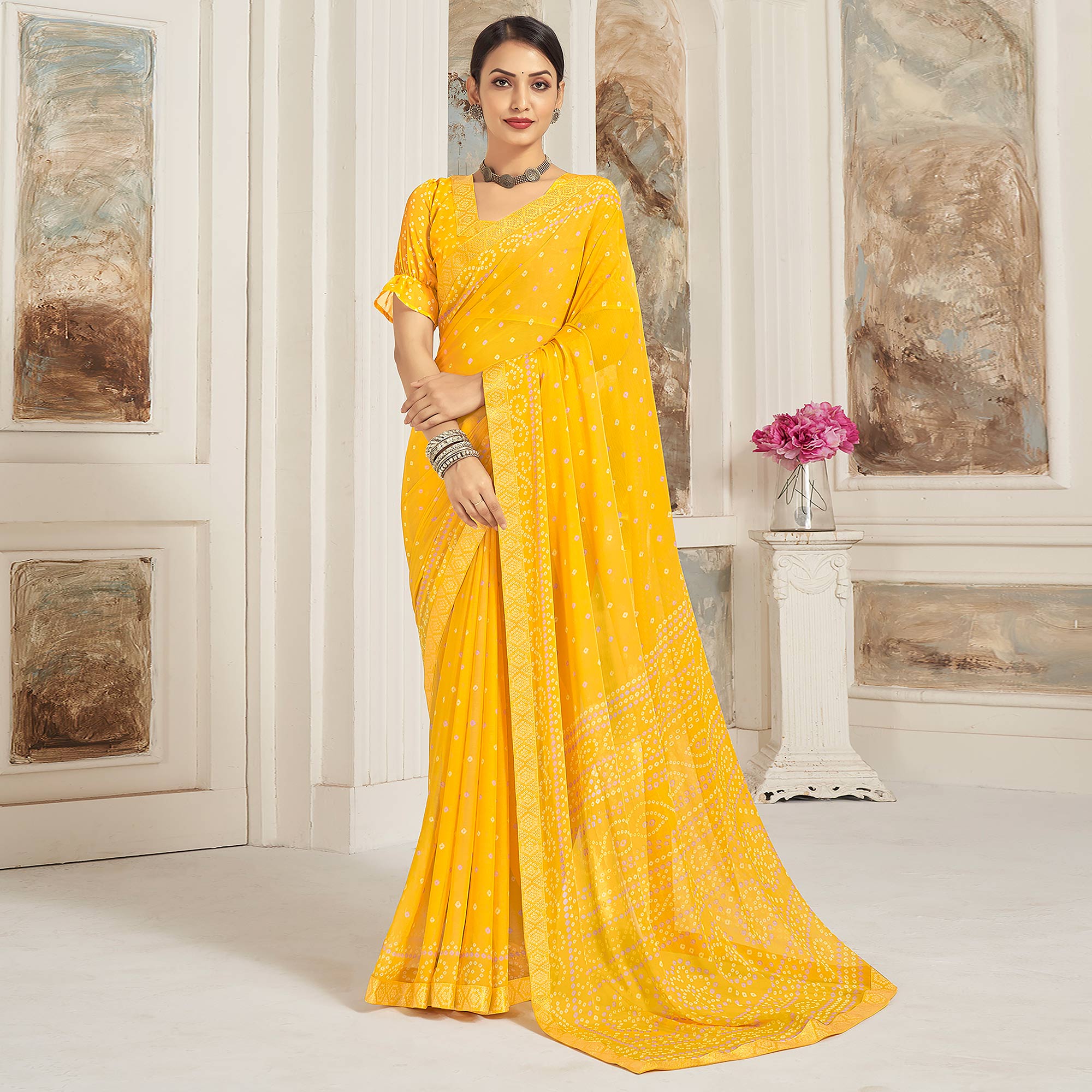 Yellow Bandhani Printed Chiffon Saree