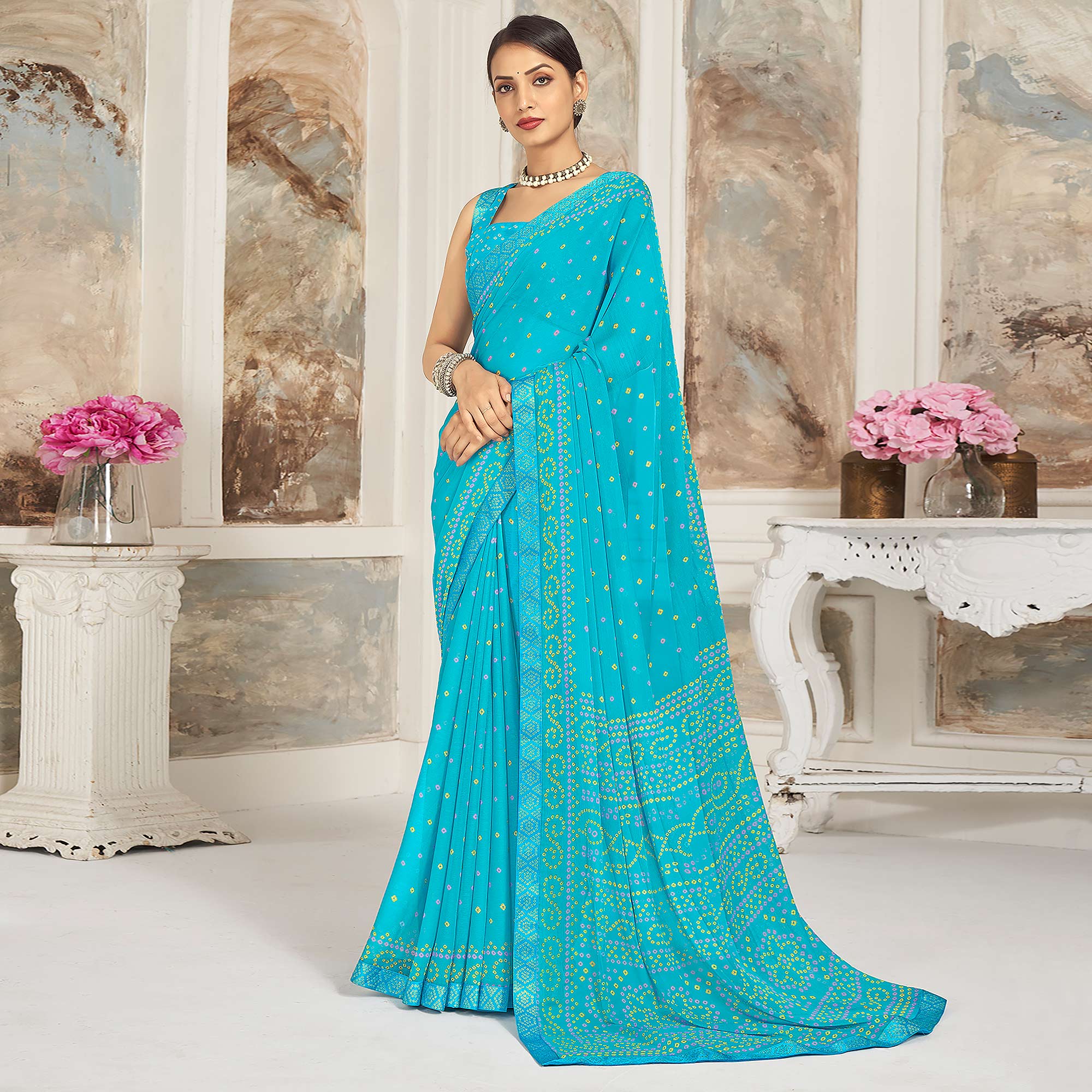 Bandhini Pure blue-pink Chiffon Saree main image 1