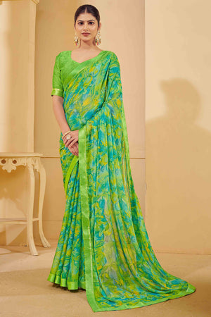 Green Chiffon Saree Adorned With Artistic Floral Print & Finely Crafted Woven Lace Border