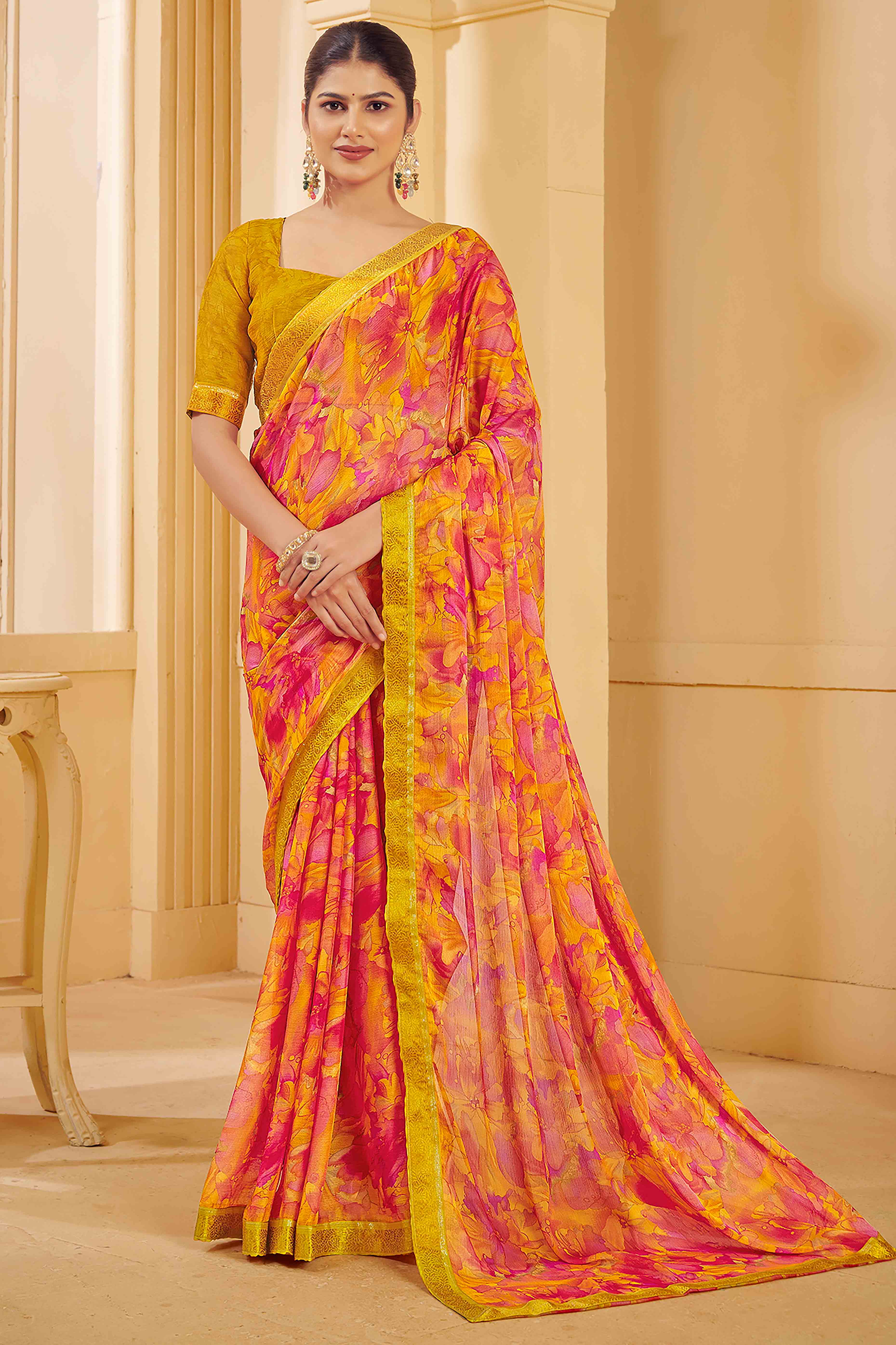 Mustard Chiffon Saree Adorned With Artistic Floral Print & Finely Crafted Woven Lace Border