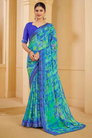 Blue Chiffon Saree Adorned With Artistic Floral Print & Finely Crafted Woven Lace Border