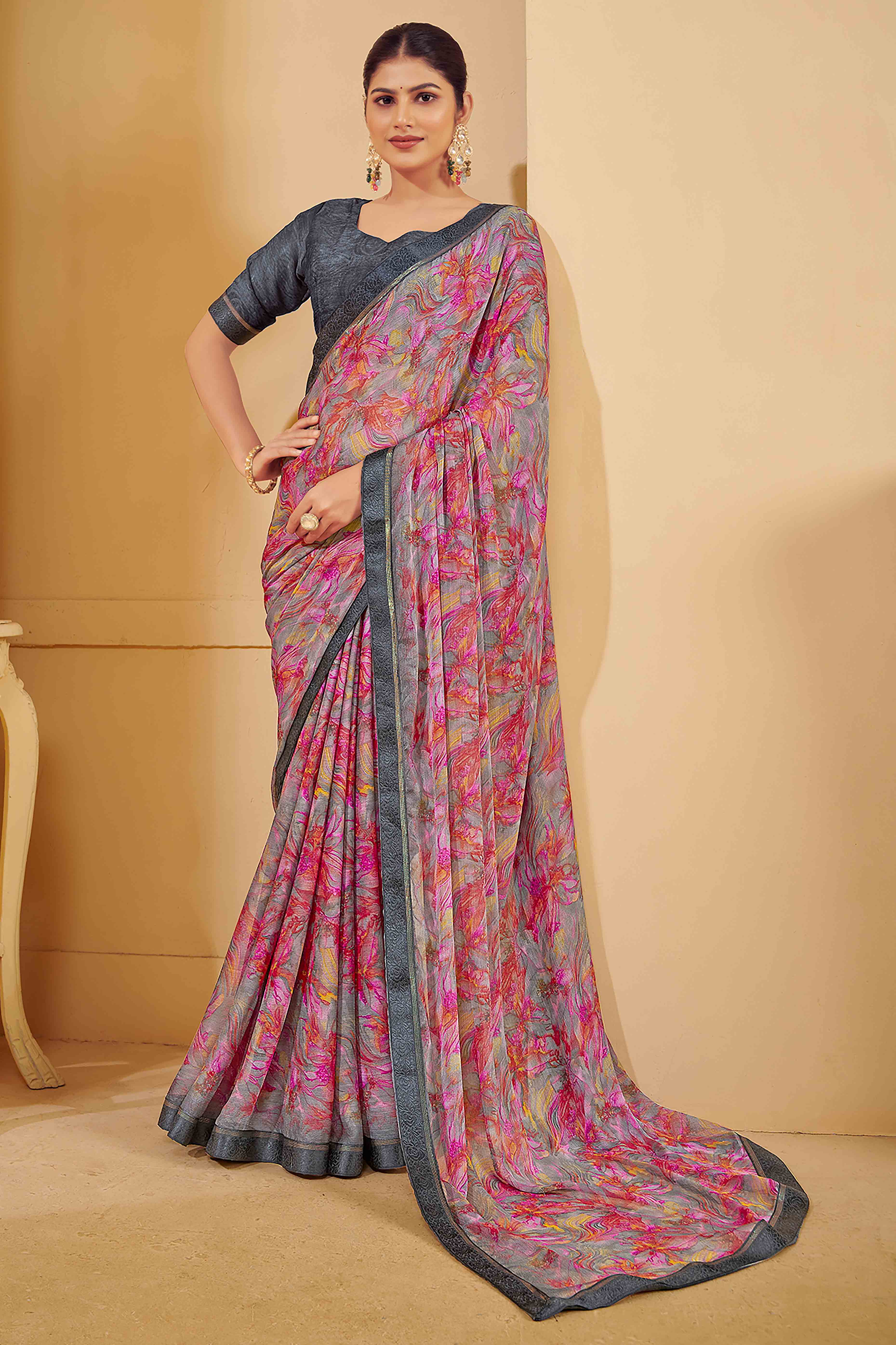 Grey Chiffon Saree Adorned With Artistic Floral Print & Finely Crafted Woven Lace Border