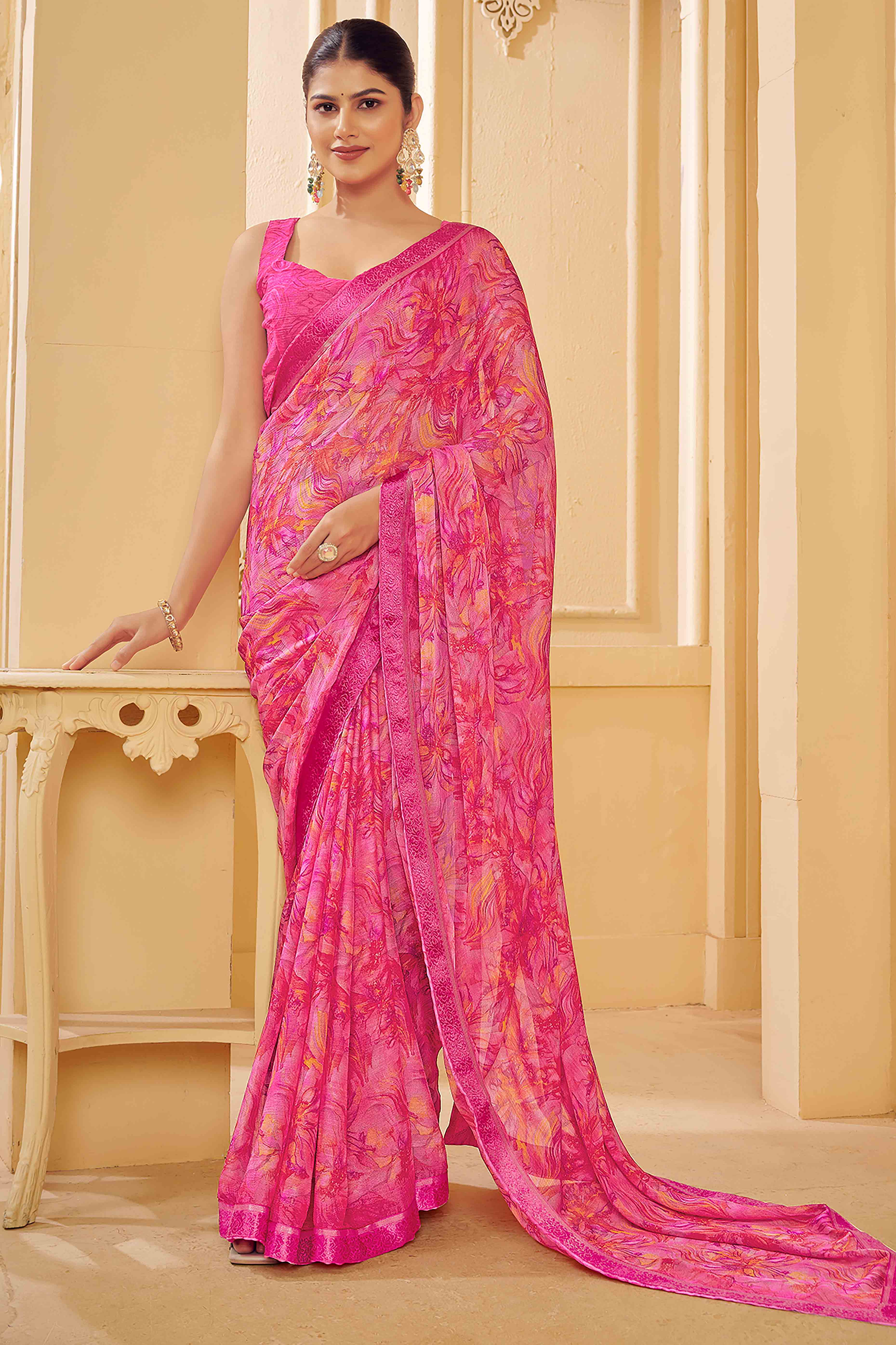 Magenta Chiffon Saree Adorned With Artistic Floral Print & Finely Crafted Woven Lace Border
