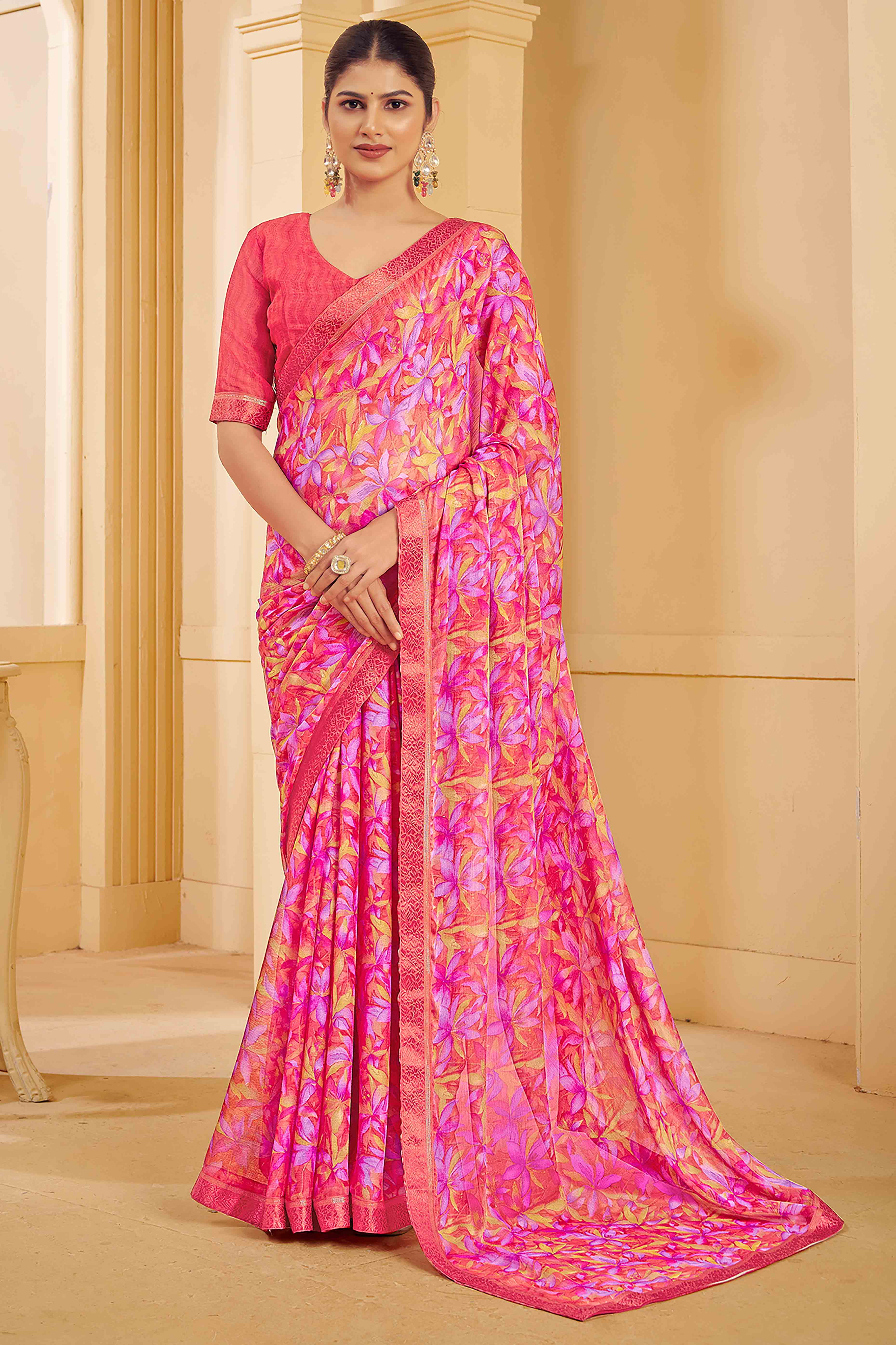 Fuchsia Pink Chiffon Saree Adorned With Artistic Floral Print & Finely Crafted Woven Lace Border