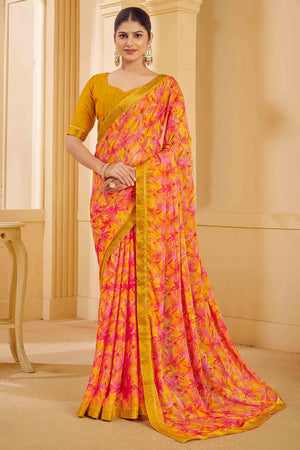 Mustard Chiffon Saree Adorned With Artistic Floral Print & Finely Crafted Woven Lace Border