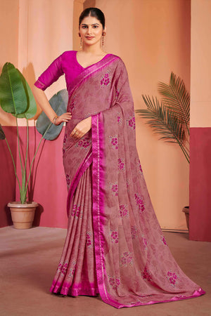 Mauve Chiffon Saree Featuring Delicate Floral Prints & A Graceful Lace Border