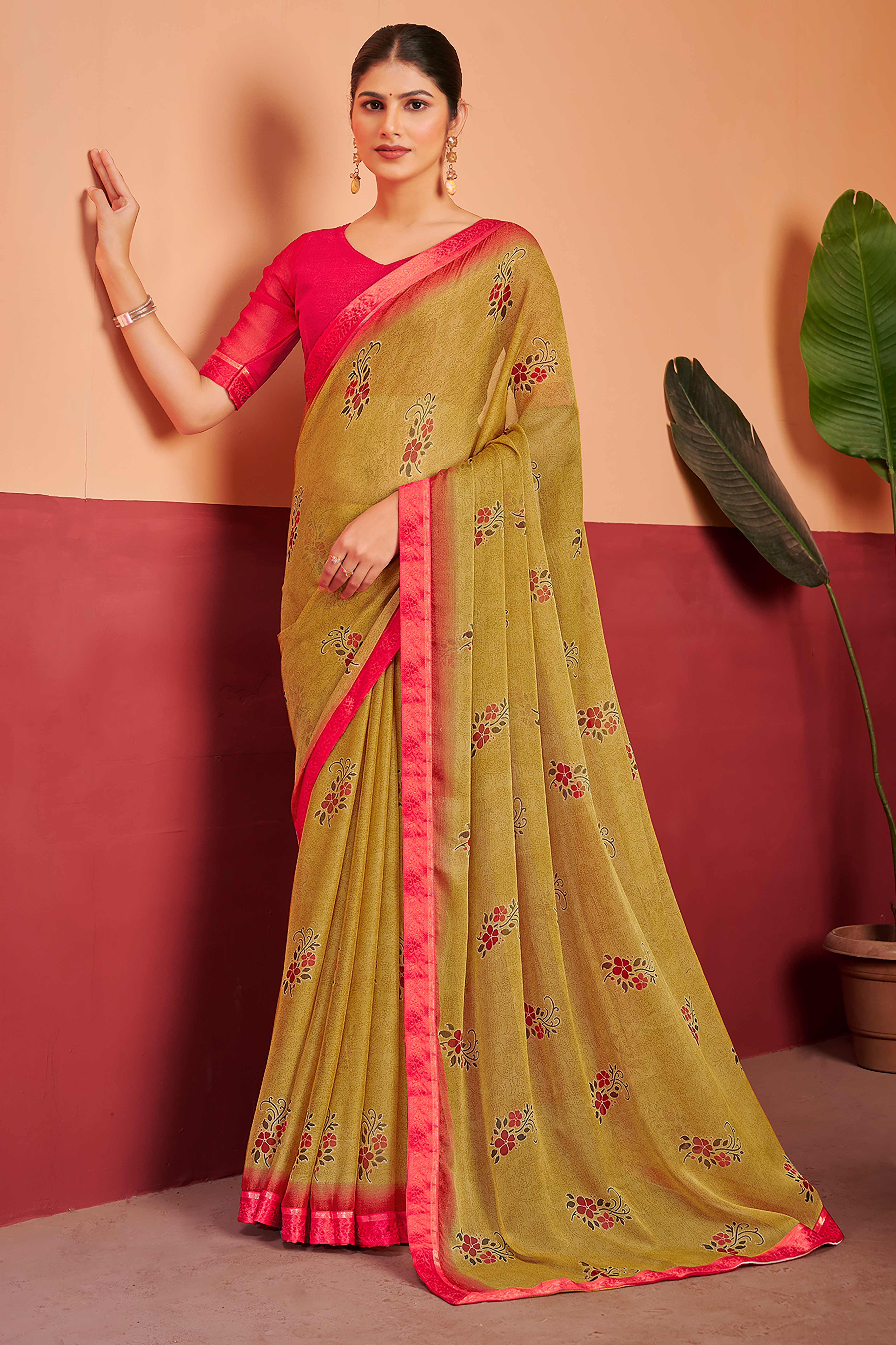 Olive Chiffon Saree Featuring Delicate Floral Prints & A Graceful Lace Border