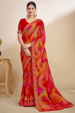 Red Chiffon Saree Adorned With Artistic Print & Finely Crafted Woven Lace Border