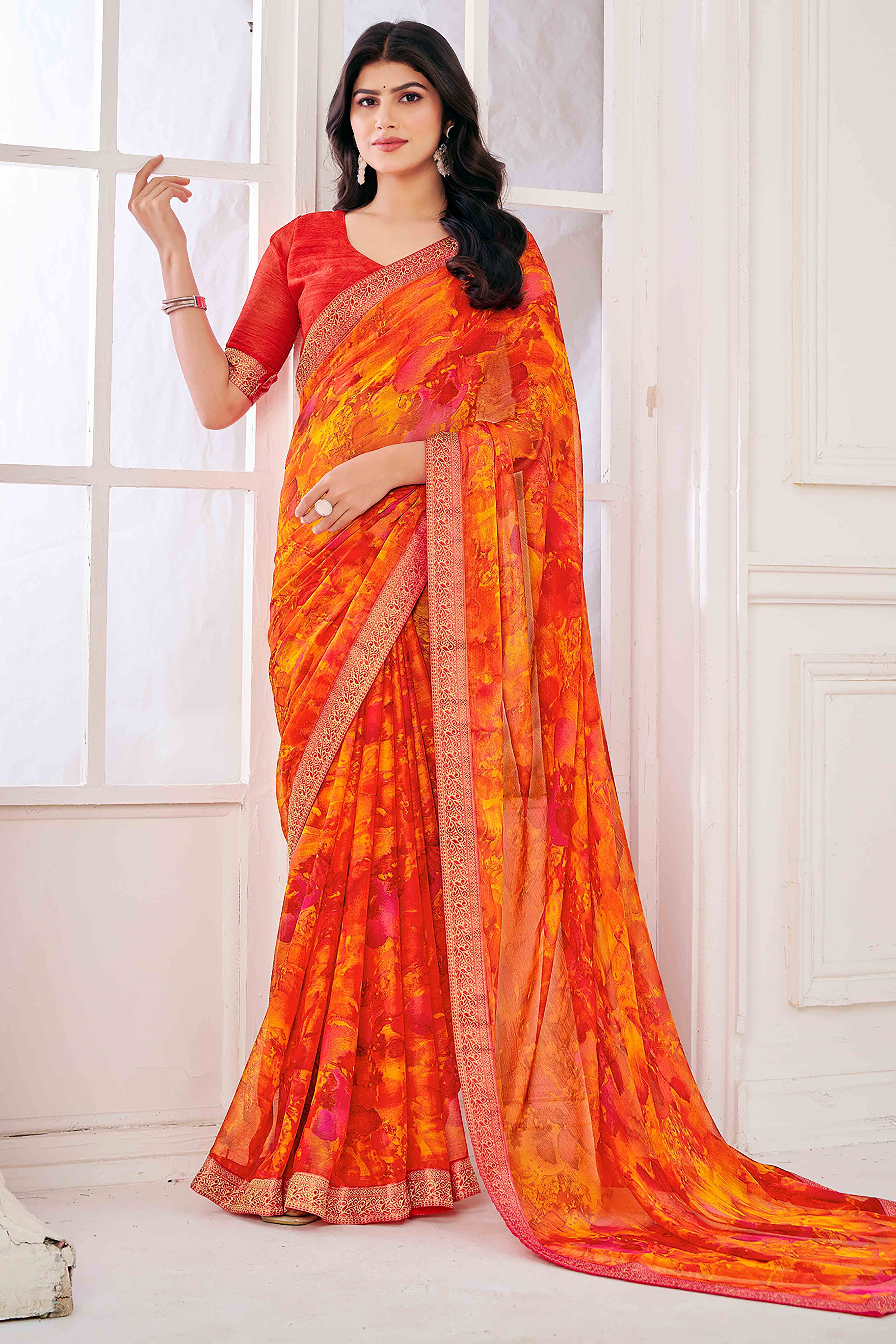 Orange Chiffon Saree with Tie-Dye Abstract Print & Lace Work With Lace Work