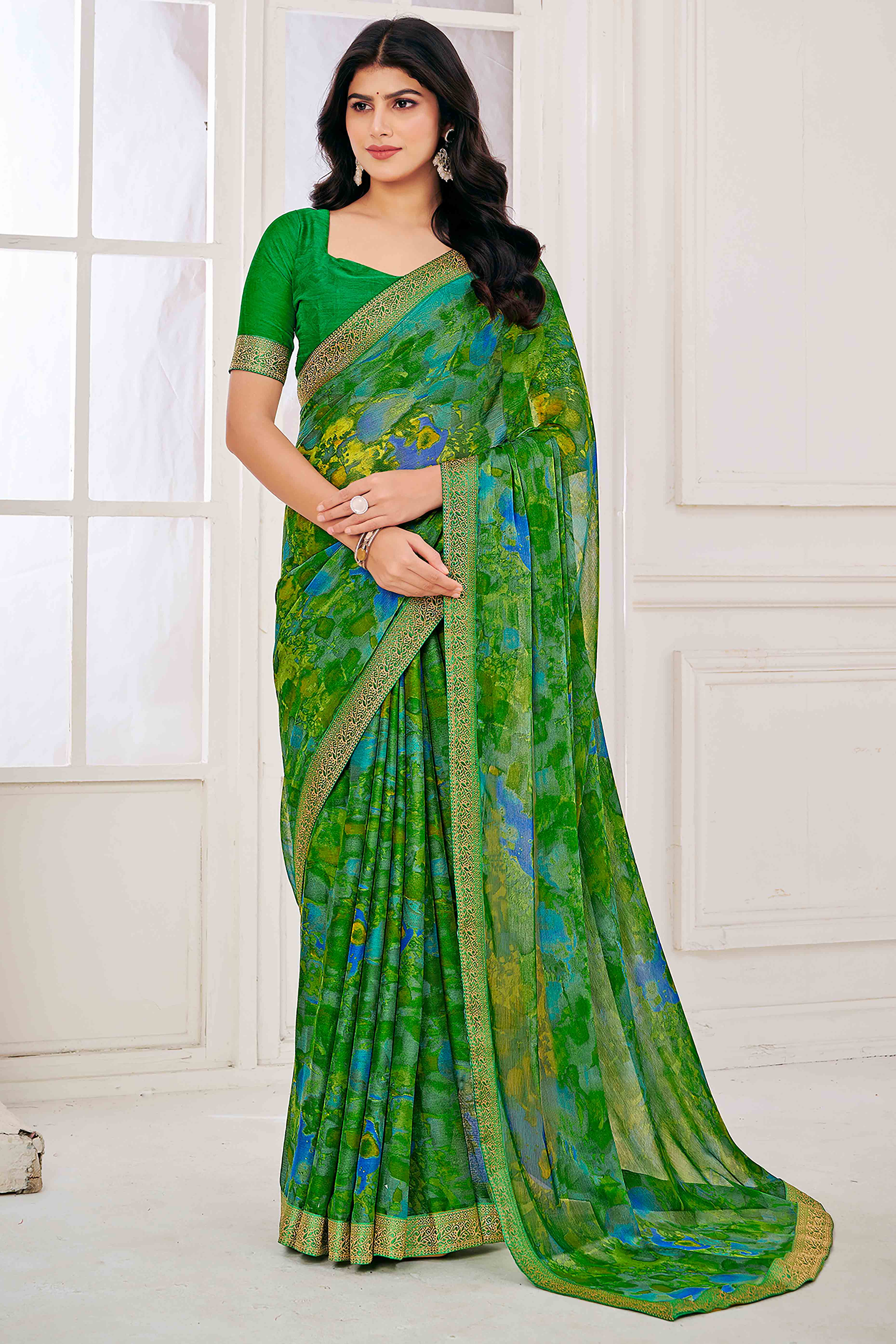 Green Chiffon Saree with Tie-Dye Abstract Print & Lace Work With Lace Work