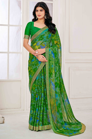 Green Chiffon Saree with Tie-Dye Abstract Print & Lace Work With Lace Work