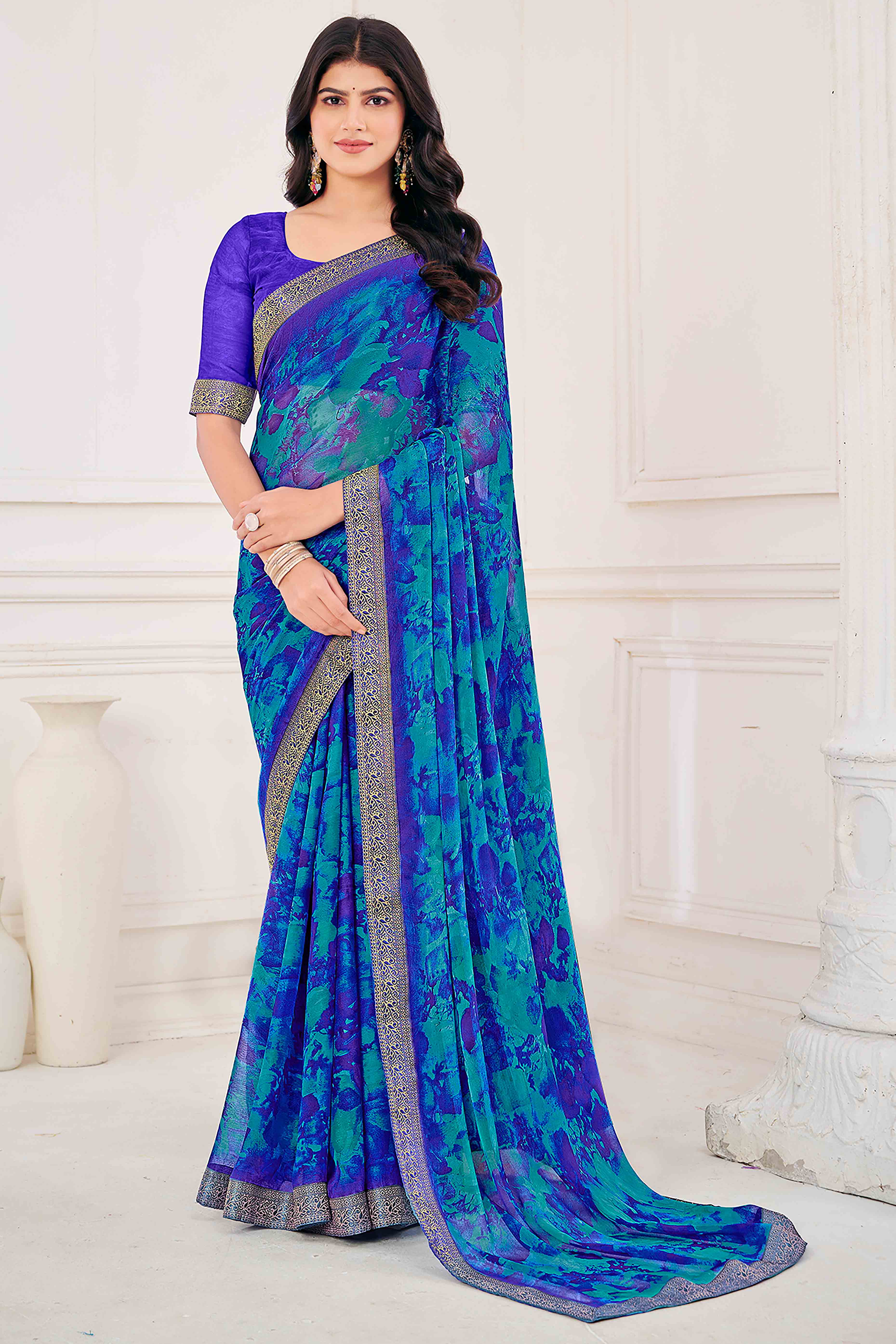 Blue Chiffon Saree with Tie-Dye Abstract Print & Lace Work With Lace Work