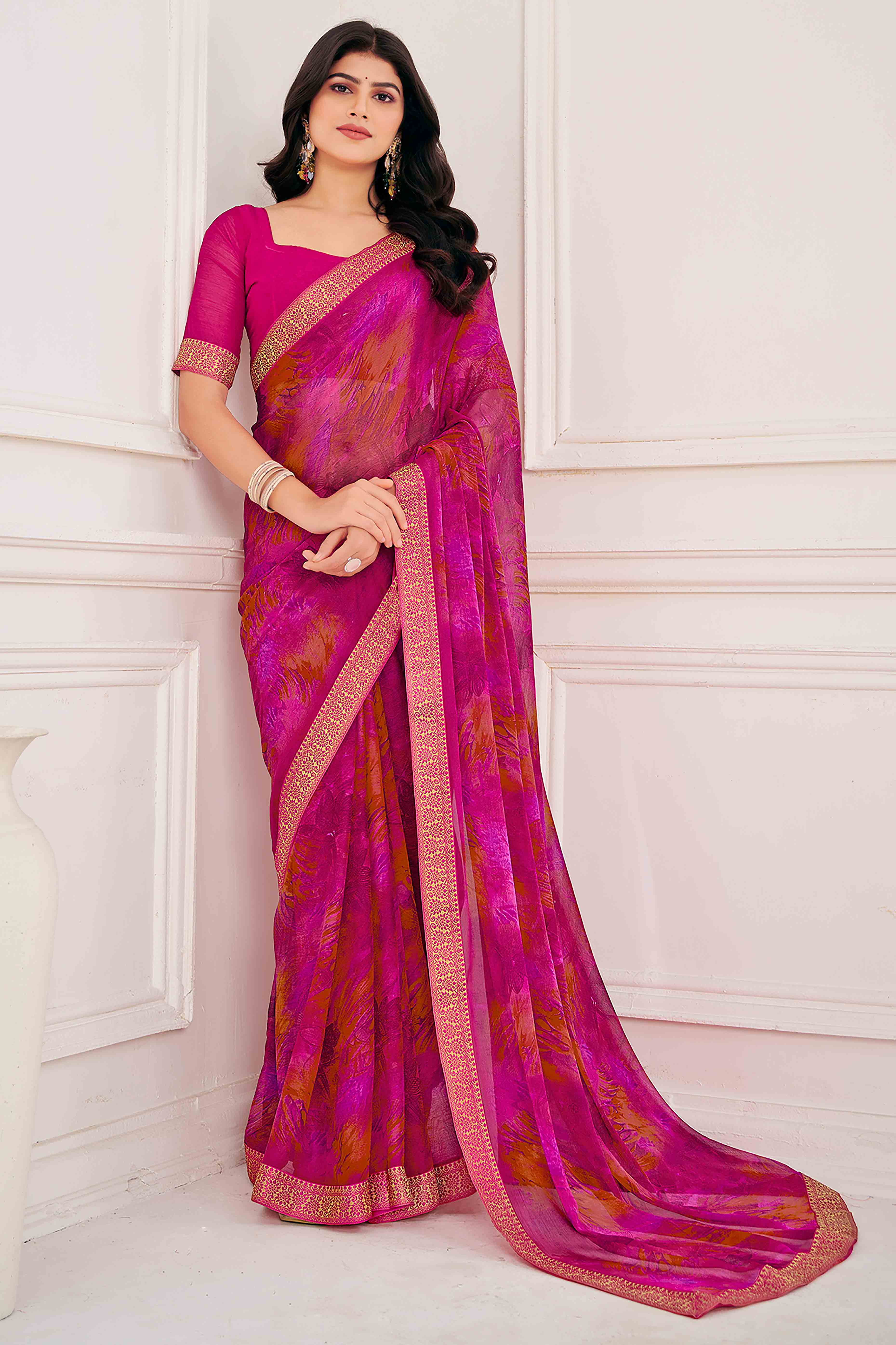 Magenta Chiffon Saree with Tie-Dye Abstract Print & Lace Work With Lace Work