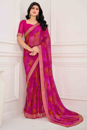 Magenta Chiffon Saree with Tie-Dye Abstract Print & Lace Work With Lace Work
