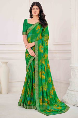Green Chiffon Saree with Tie-Dye Abstract Print & Lace Work With Lace Work