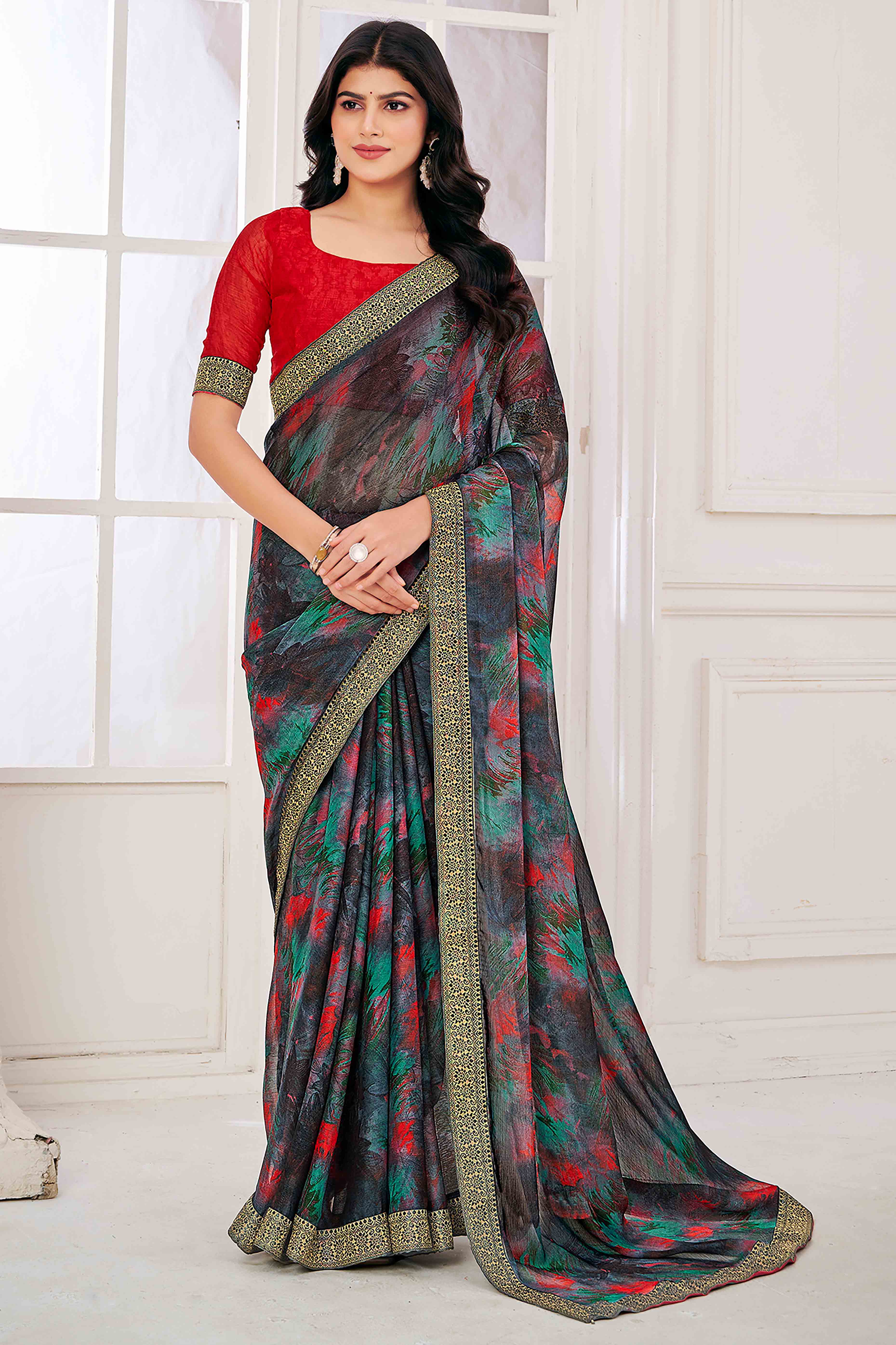 Grey Chiffon Saree with Tie-Dye Abstract Print & Lace Work With Lace Work