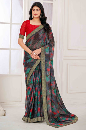 Grey Chiffon Saree with Tie-Dye Abstract Print & Lace Work With Lace Work