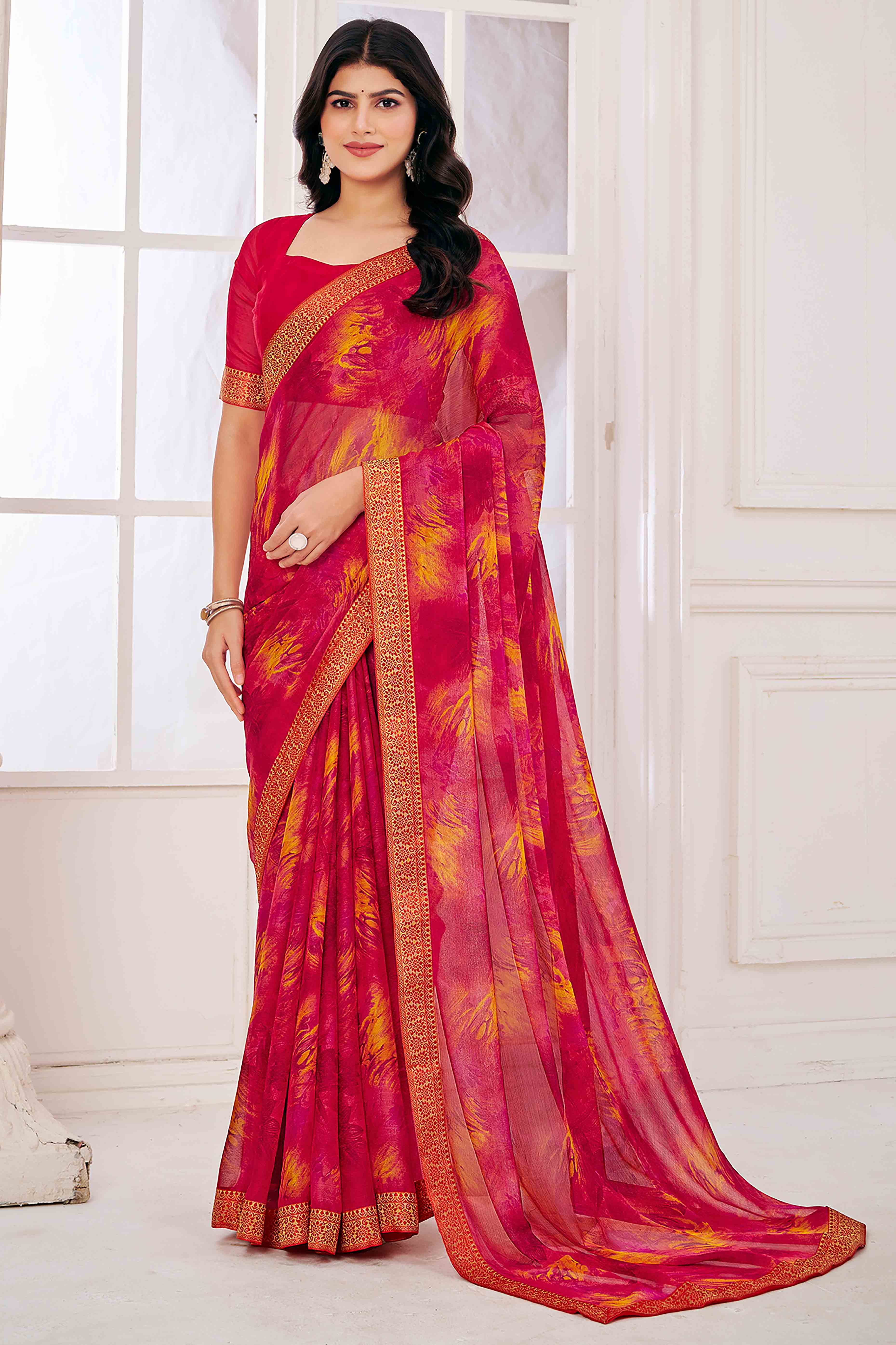 Pink Chiffon Saree with Tie-Dye Abstract Print & Lace Work With Lace Work