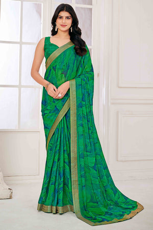 Green Chiffon Saree with Tie-Dye Abstract Print & Lace Work With Lace Work