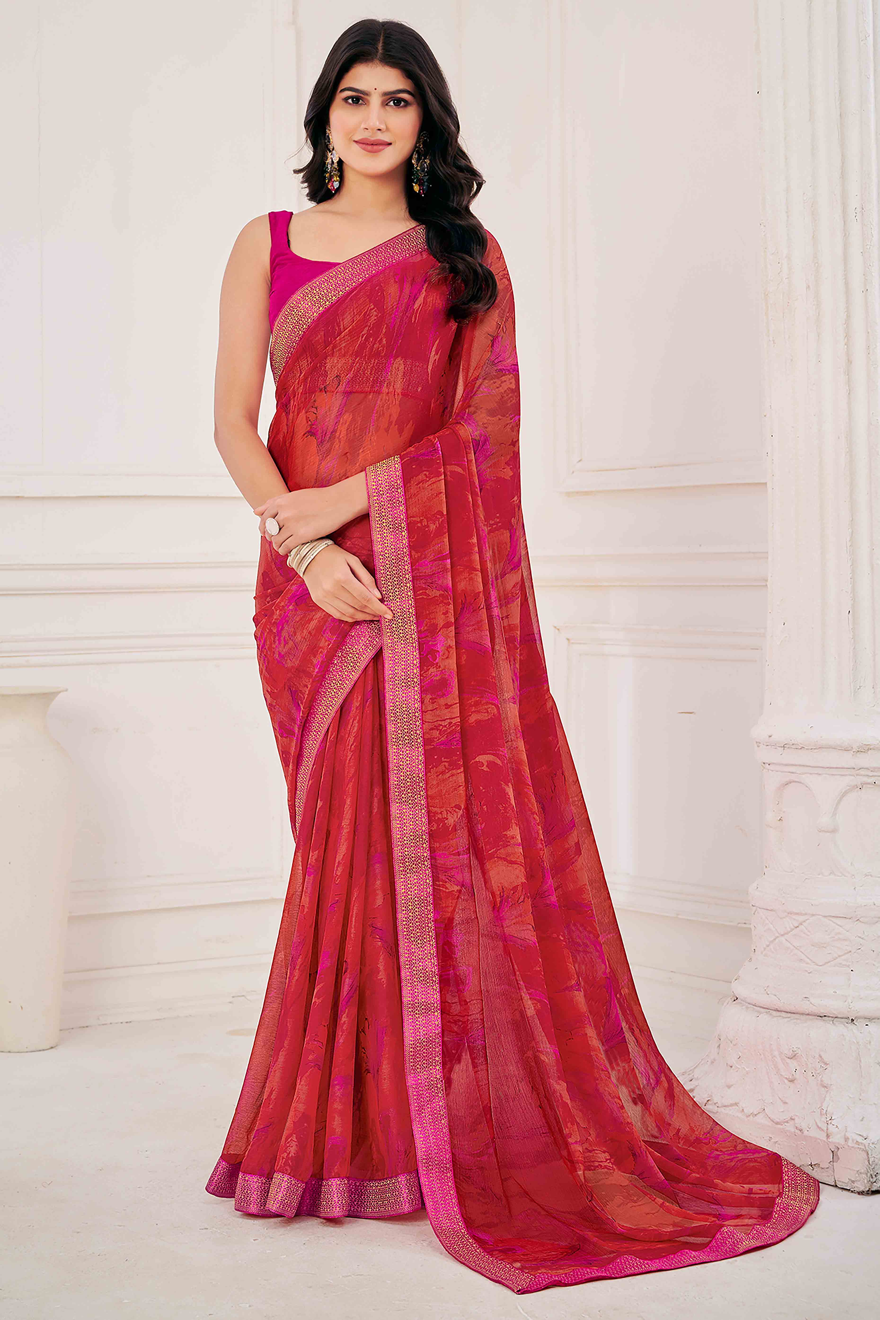 Brick red Chiffon Saree with Tie-Dye Abstract Print & Lace Work With Lace Work