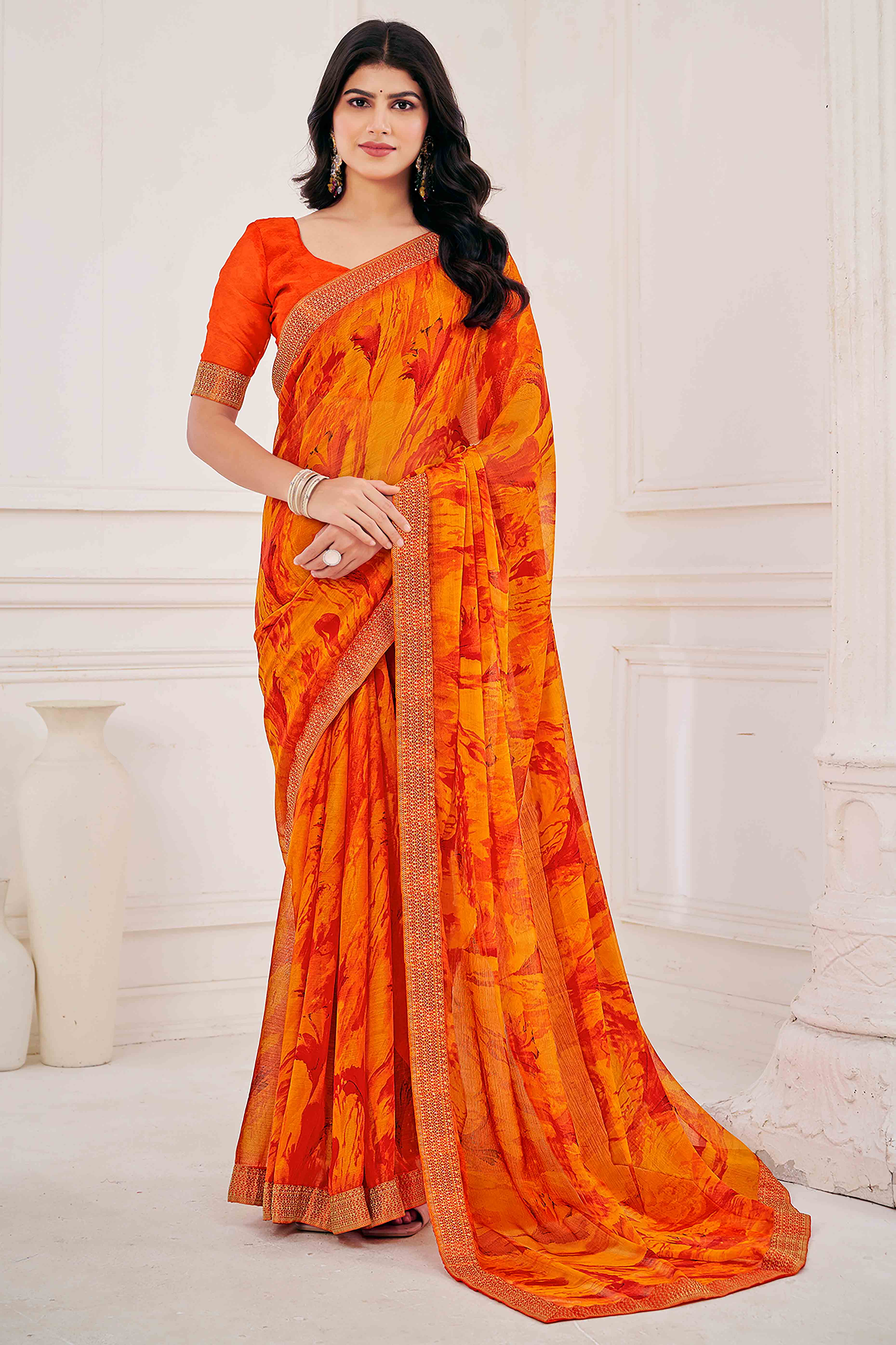 Orange Chiffon Saree with Tie-Dye Abstract Print & Lace Work With Lace Work