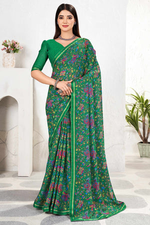 Majestic Floral Printed Chiffon Saree In Green With Delicate Lace Border