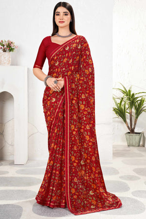 Refreshing Floral Printed Chiffon Saree In Maroon With Delicate Lace Border