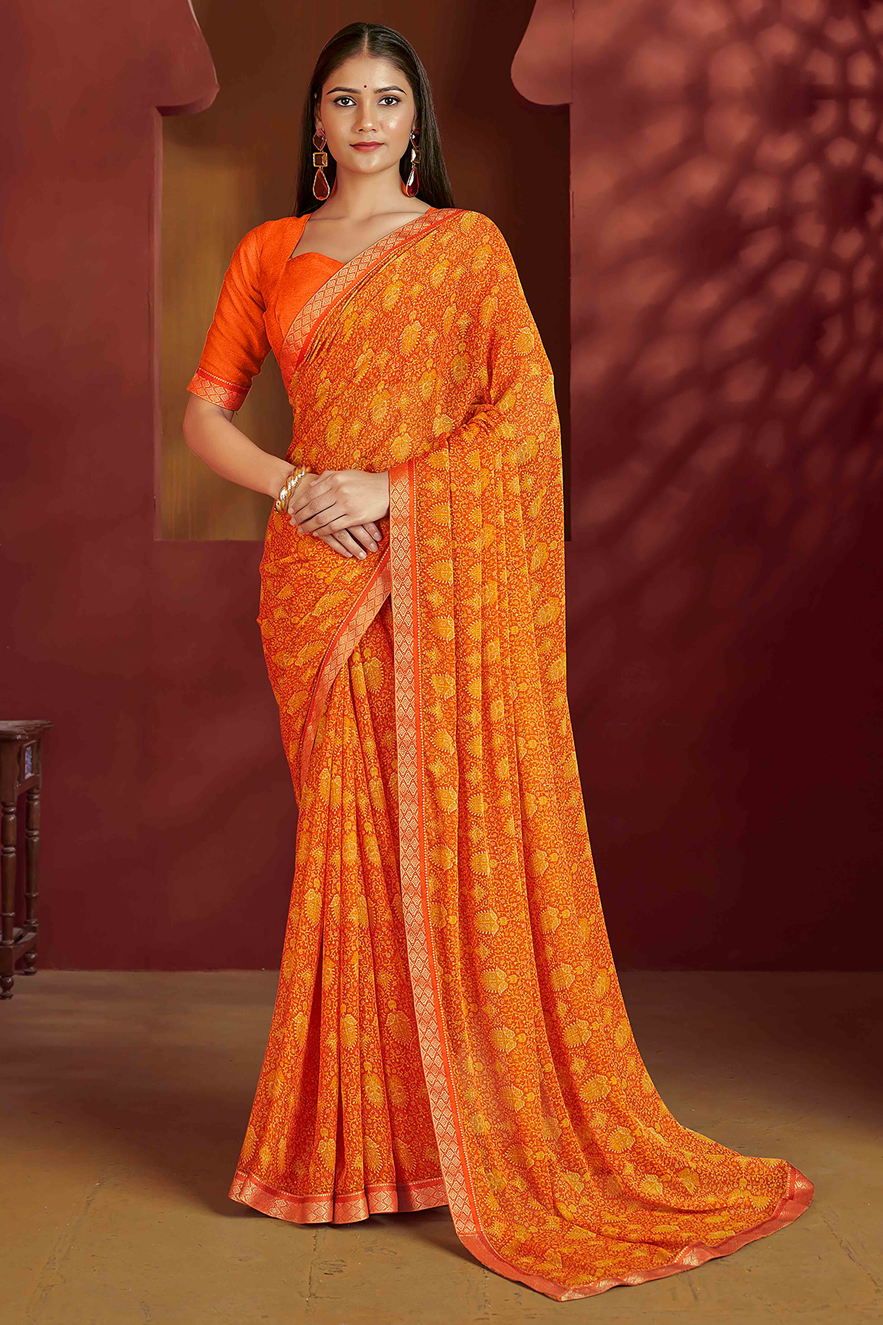 Floral Printed Chiffon Saree in Orange with Elegant Lace Work for Casual Occasions