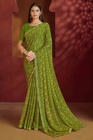 26Floral Printed Chiffon Saree in Green with Elegant Lace Work for Casual Occasions