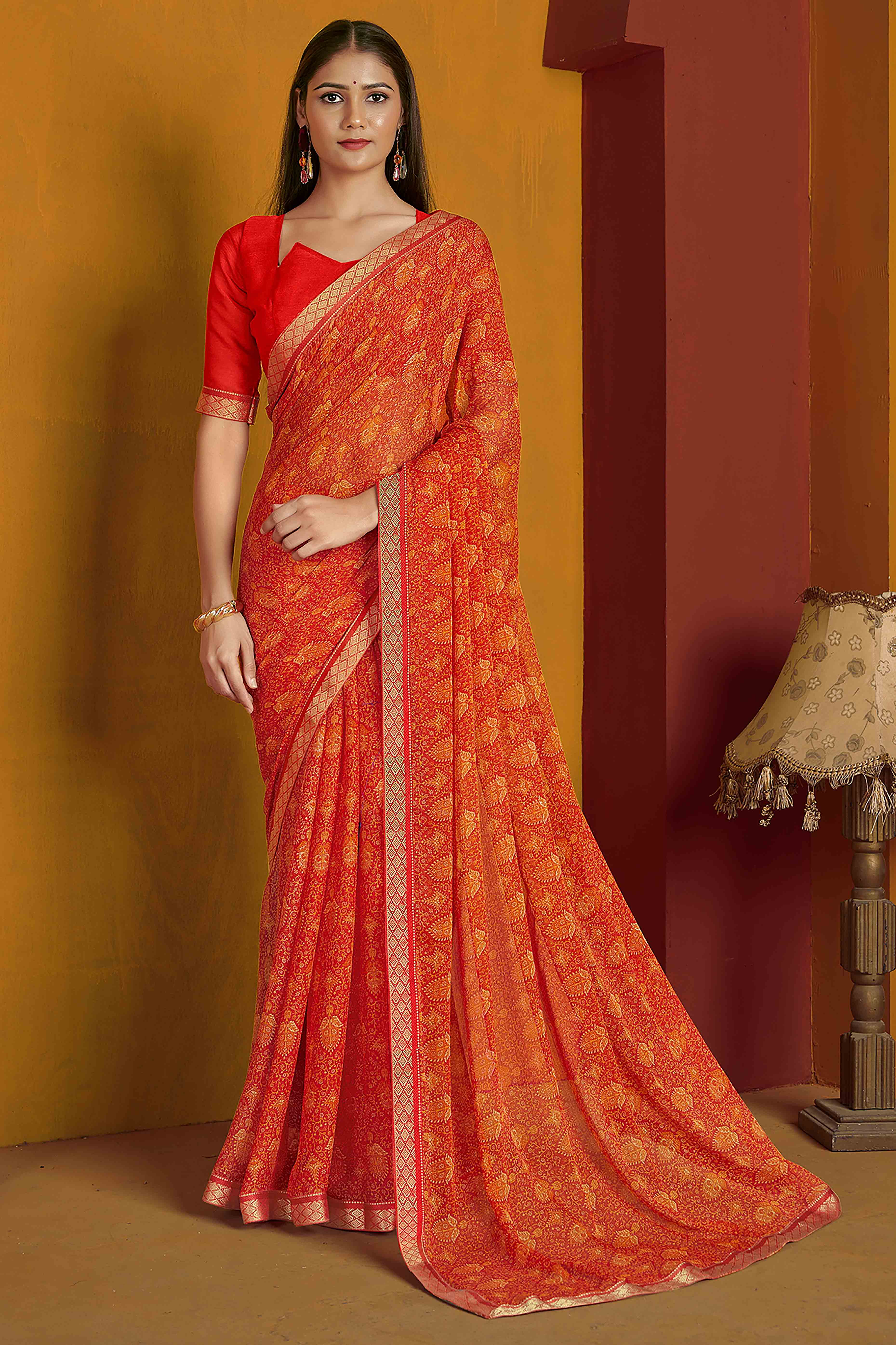 Floral Printed Chiffon Saree in Red with Elegant Lace Work for Casual Occasions