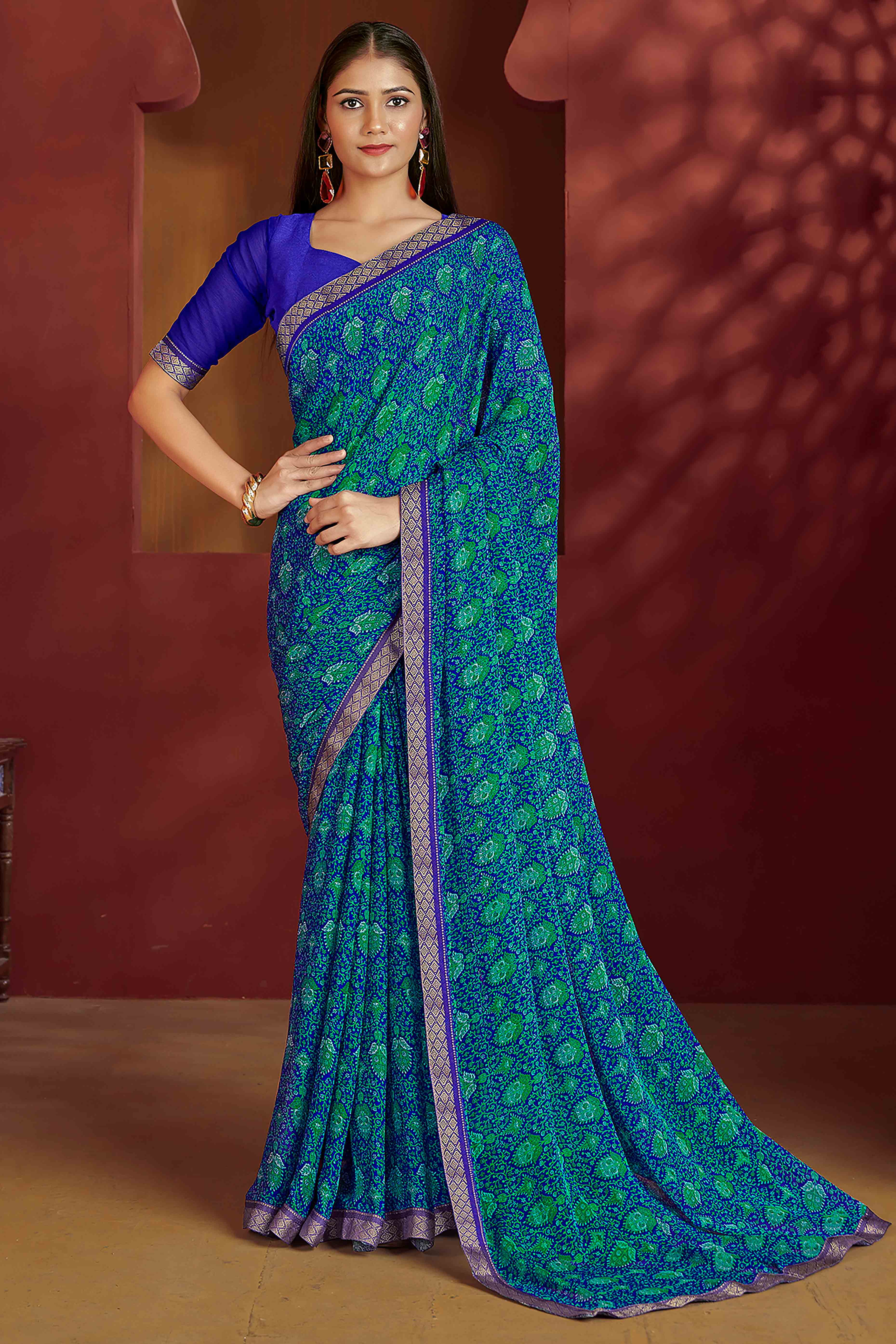 Floral Printed Chiffon Saree in Blue with Elegant Lace Work for Casual Occasions