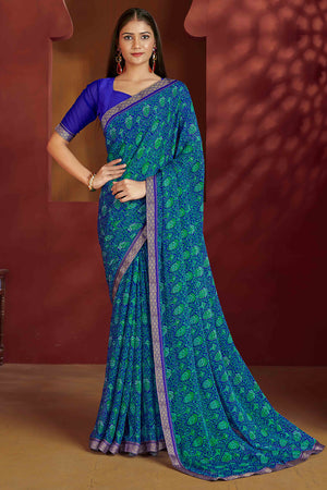 Floral Printed Chiffon Saree in Blue with Elegant Lace Work for Casual Occasions