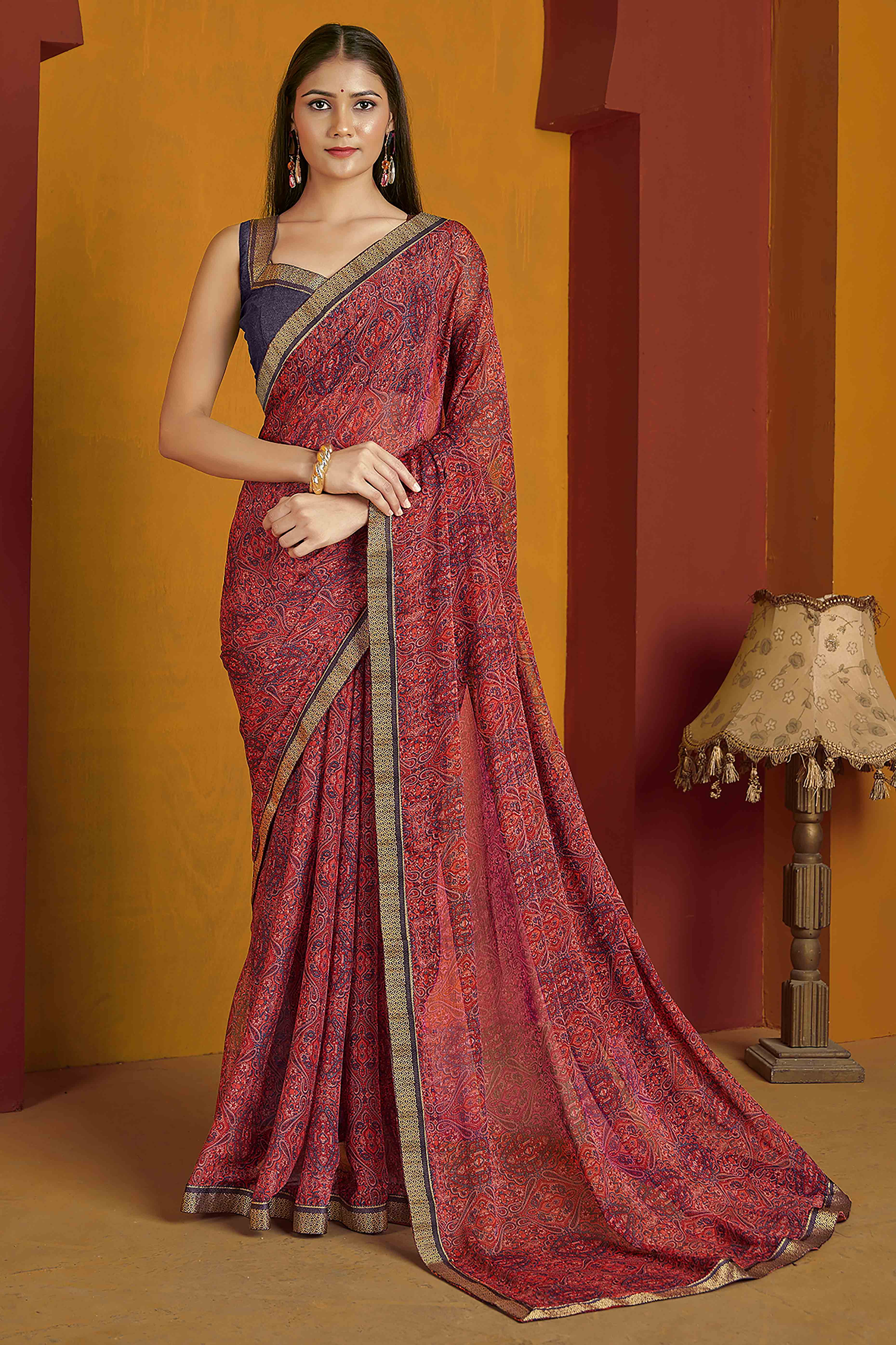 Floral Printed Chiffon Saree in Brick Red with Elegant Lace Work for Casual Occasions