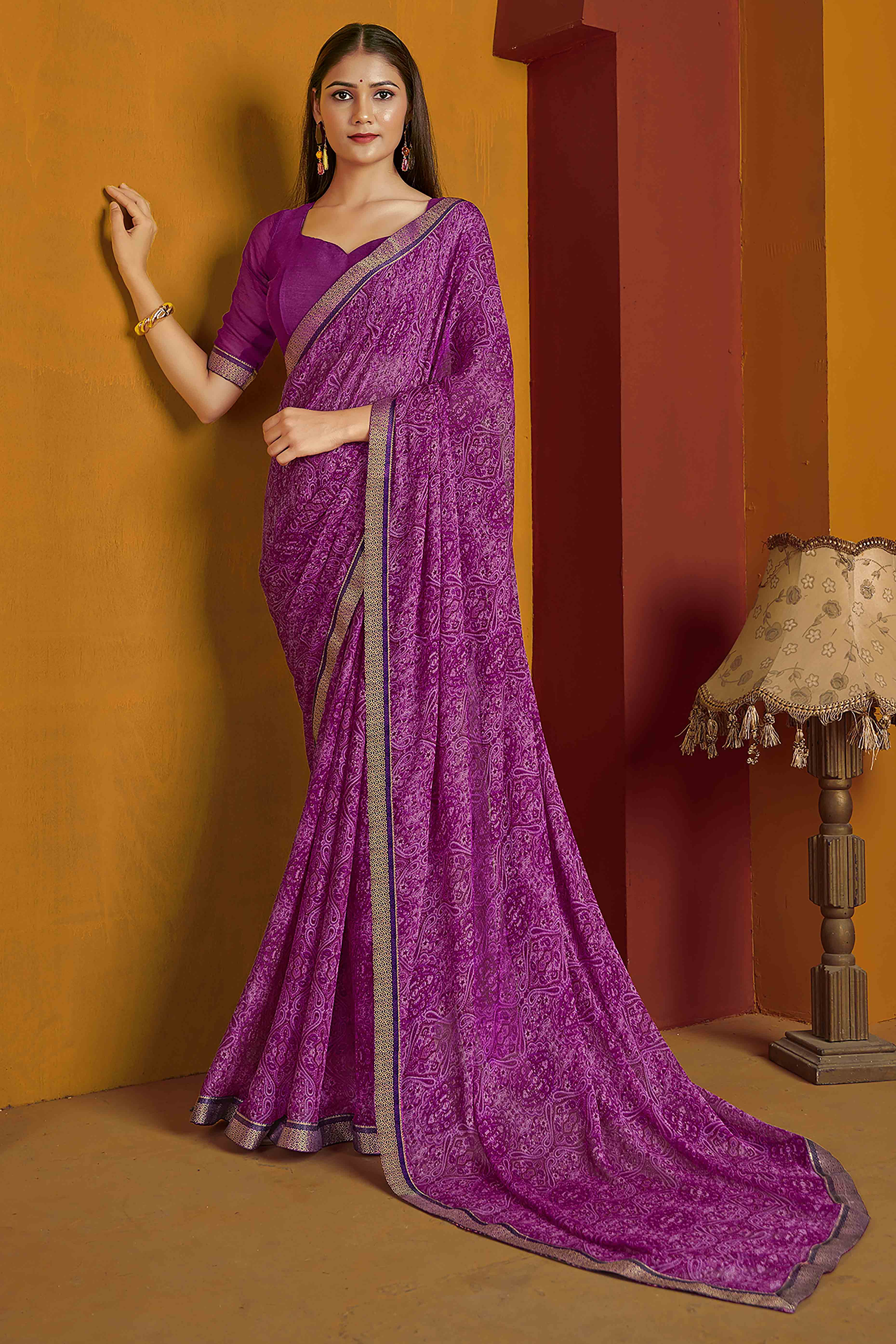 Floral Printed Chiffon Saree in Purple with Elegant Lace Work for Casual Occasions