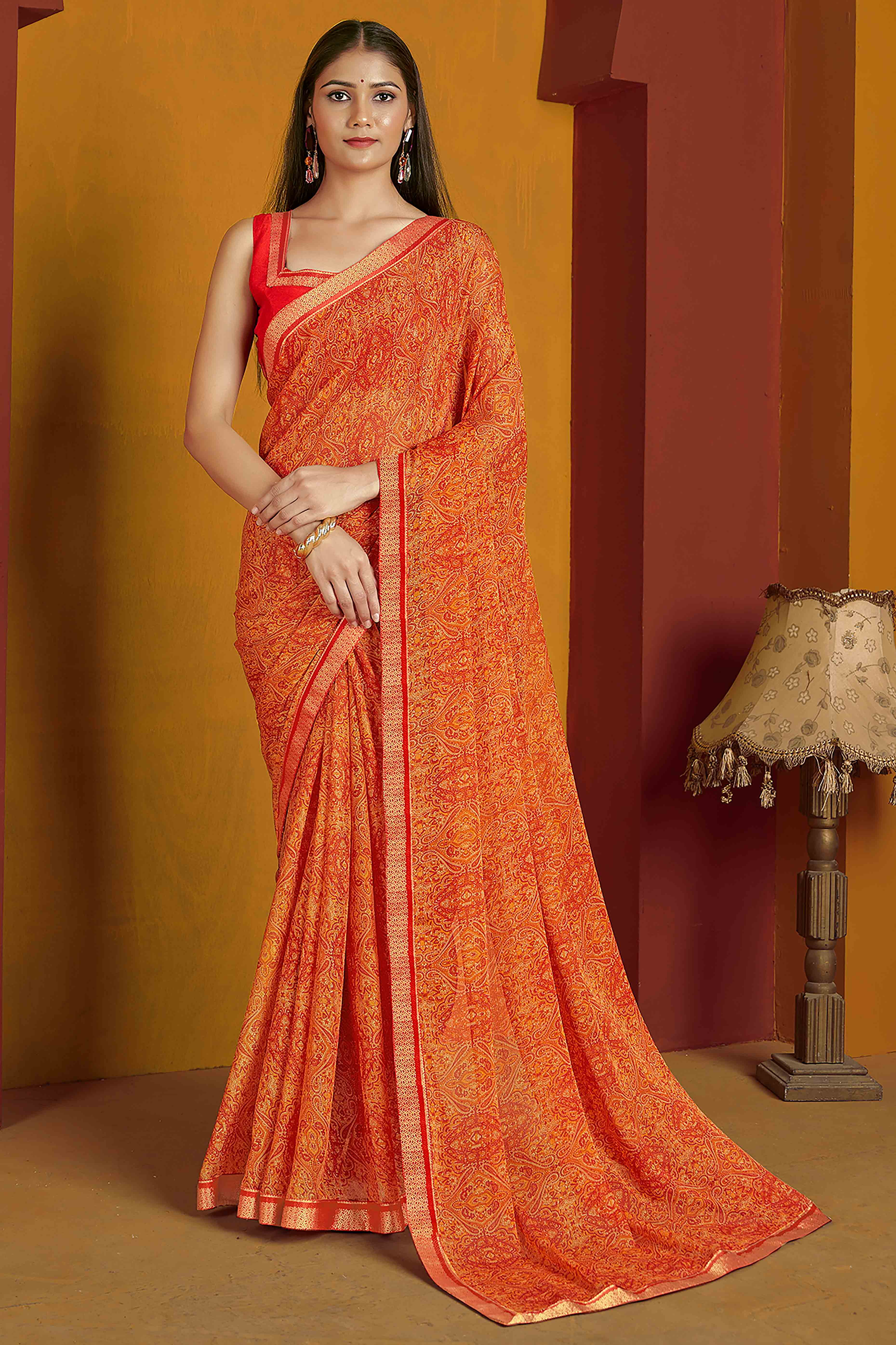 Floral Printed Chiffon Saree in Orange with Elegant Lace Work for Casual Occasions