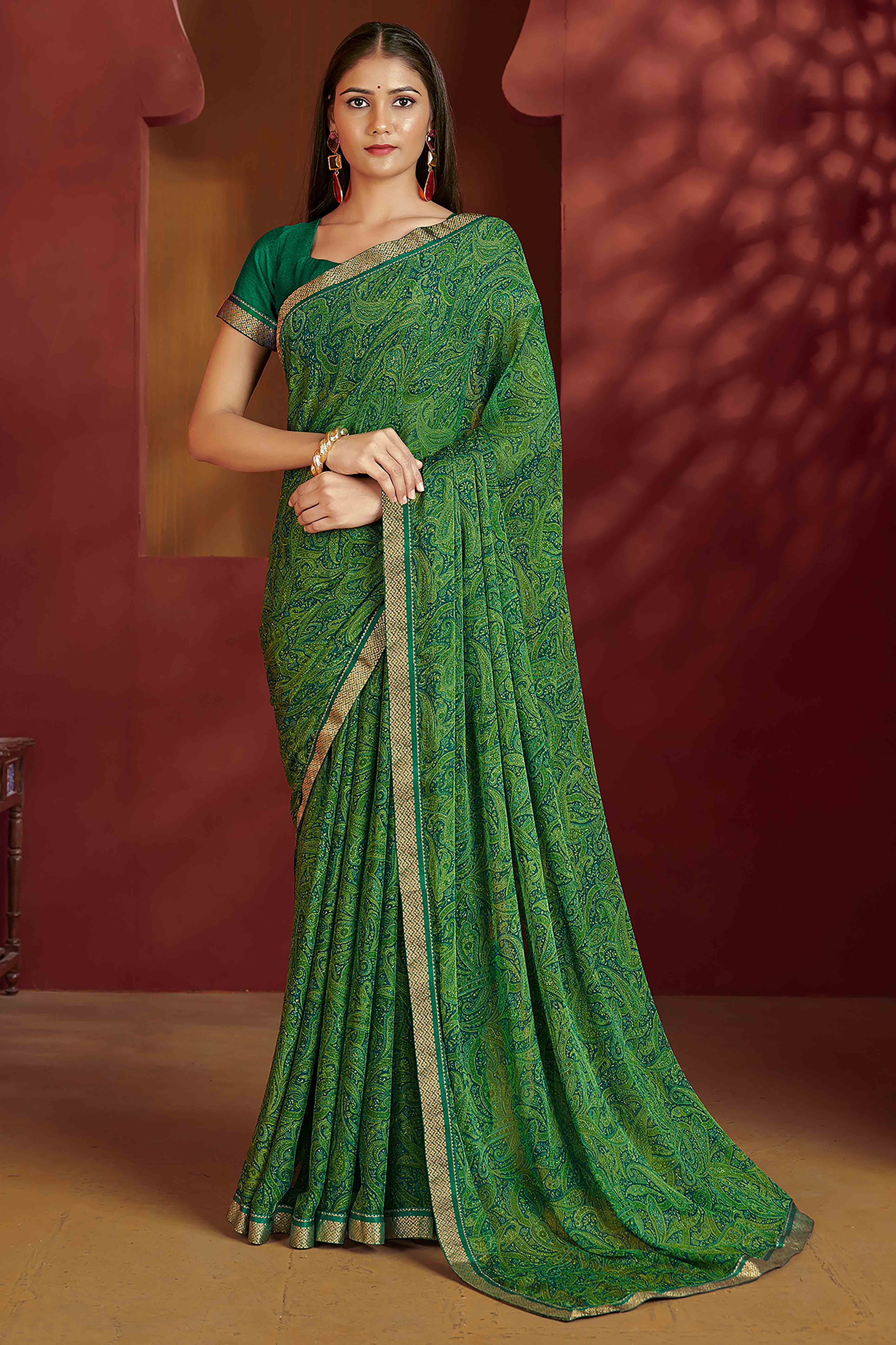 Floral Printed Chiffon Saree in Green with Elegant Lace Work for Casual Occasions