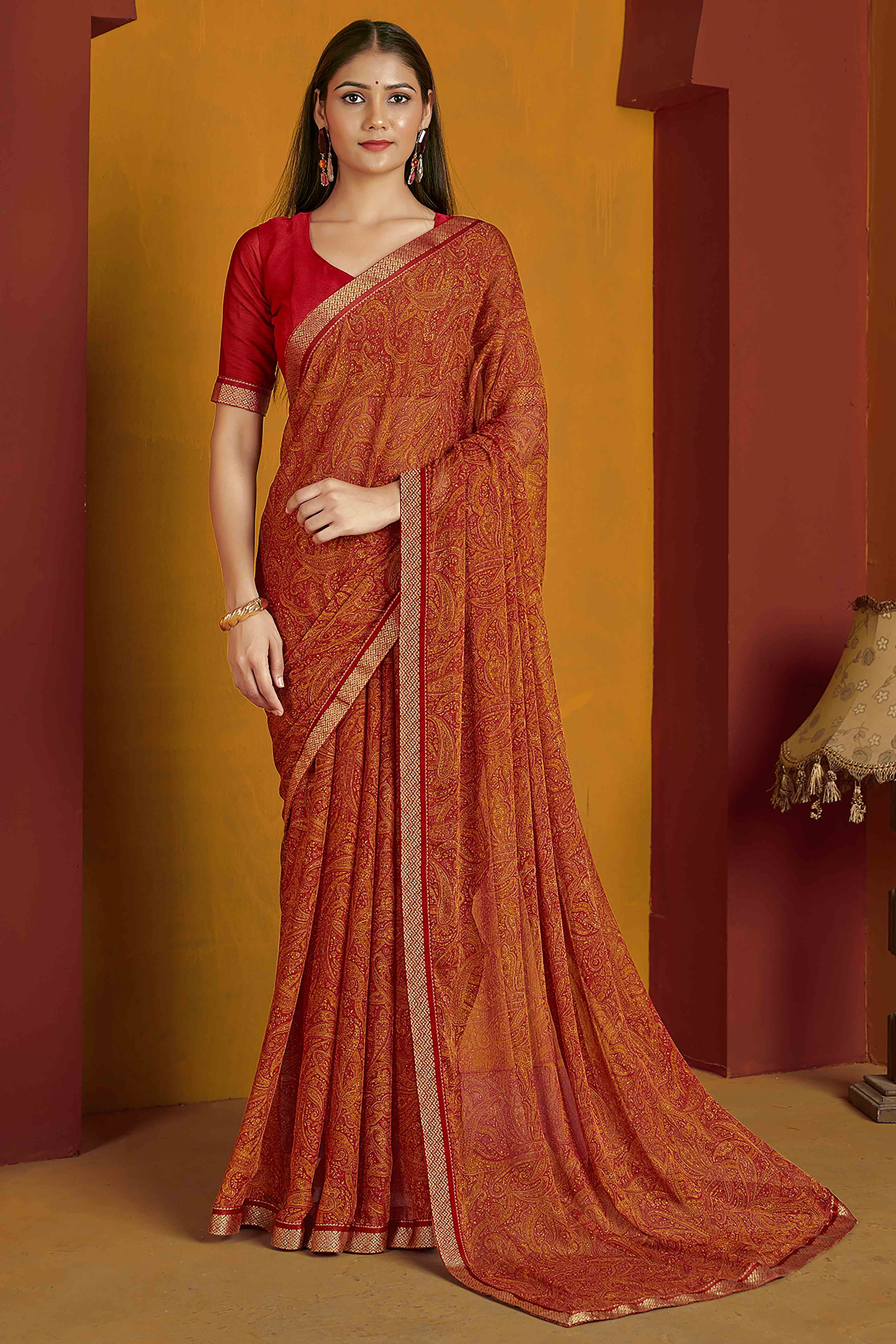 Floral Printed Chiffon Saree in Rust Orange with Elegant Lace Work for Casual Occasions