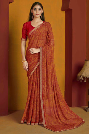 Floral Printed Chiffon Saree in Rust Orange with Elegant Lace Work for Casual Occasions