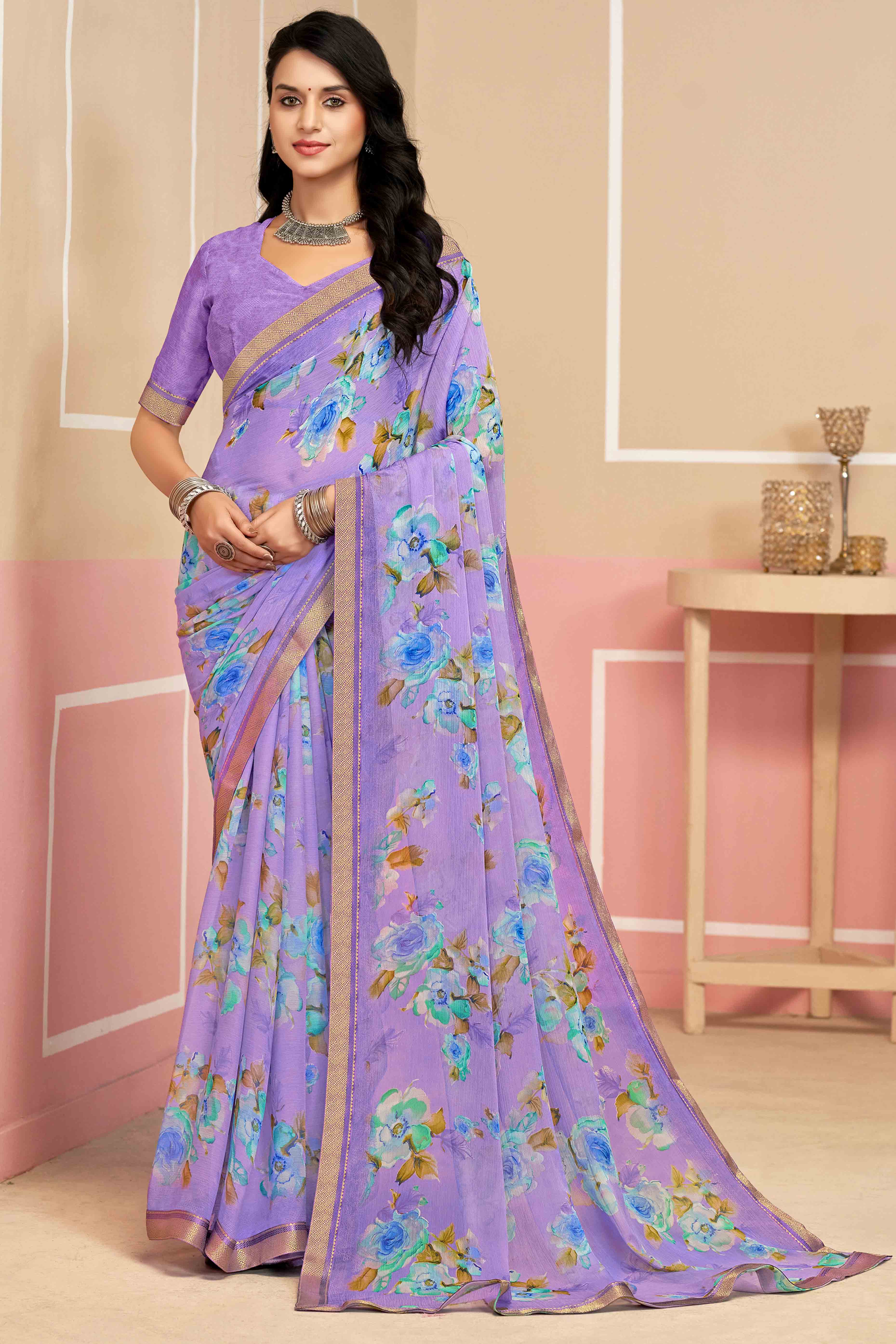 Timeless Floral Printed Chiffon Saree In Lavender with Delicate Woven Lace Border