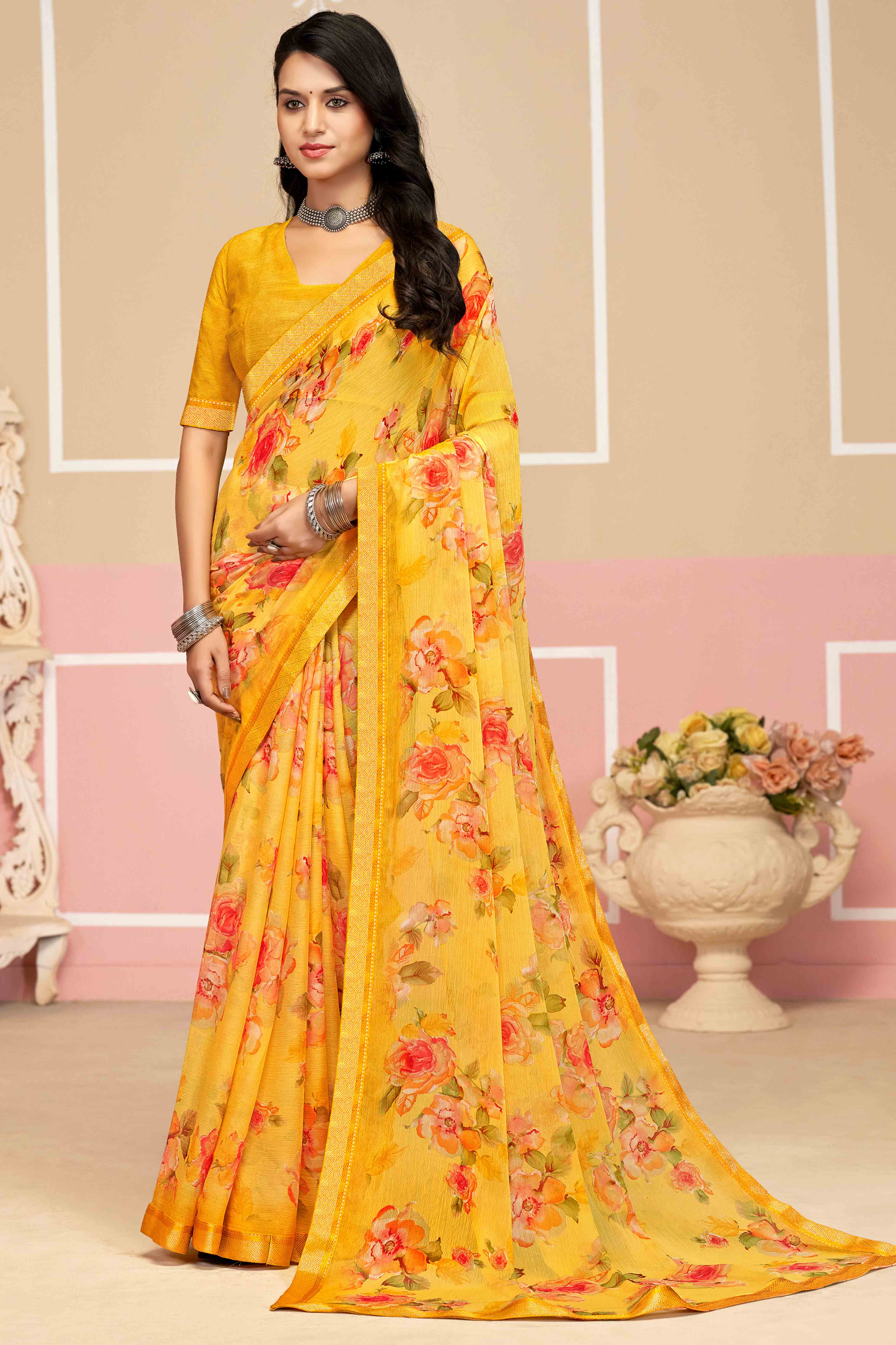 Refreshing Floral Printed Chiffon Saree In Mustard with Delicate Woven Lace Border