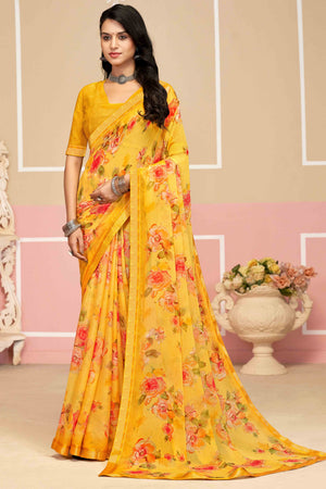 Refreshing Floral Printed Chiffon Saree In Mustard with Delicate Woven Lace Border