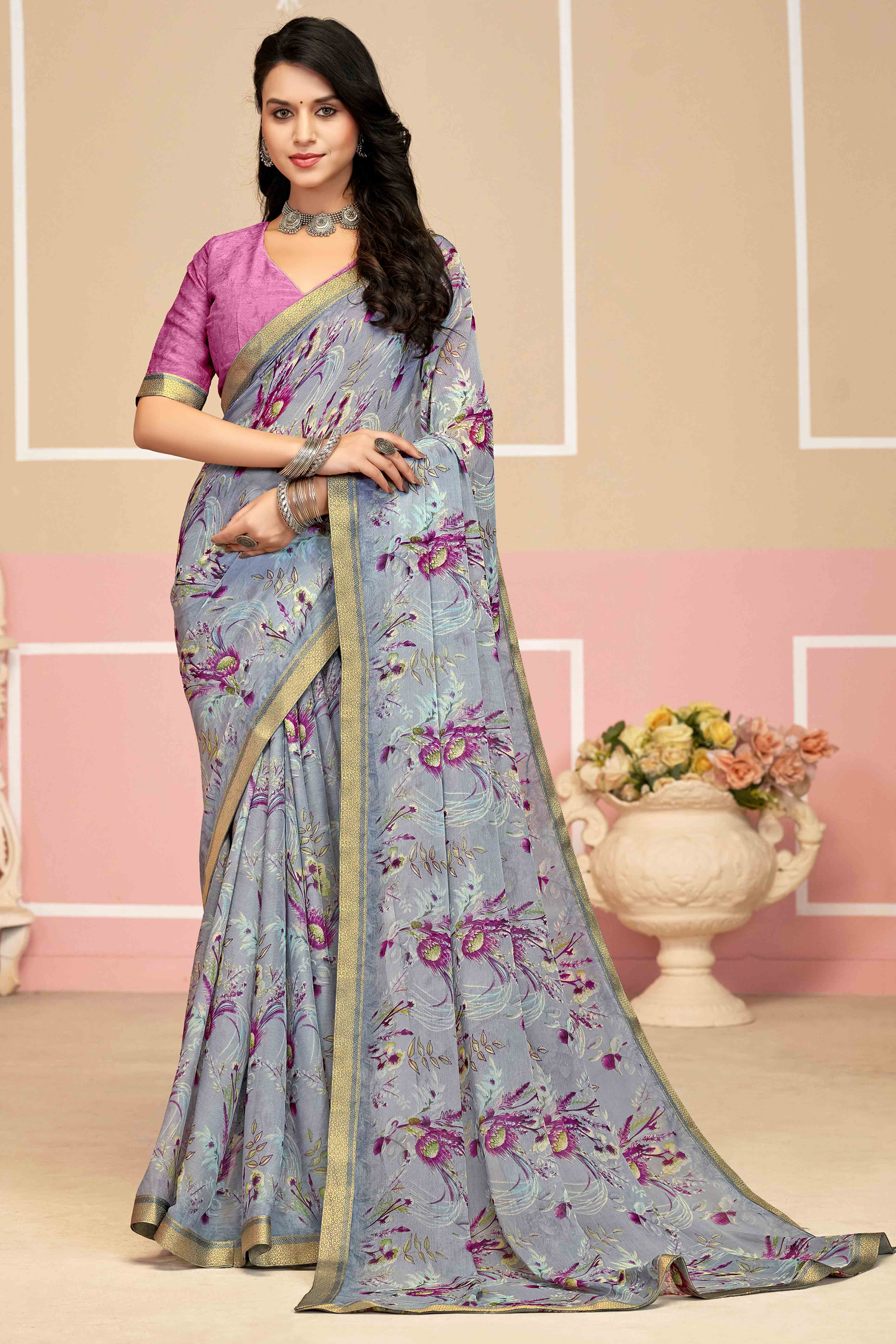 Sophisticated Floral Printed Chiffon Saree In Grey with Delicate Woven Lace Border