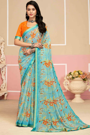 Dazzling Floral Printed Chiffon Saree In Sky Blue with Delicate Woven Lace Border
