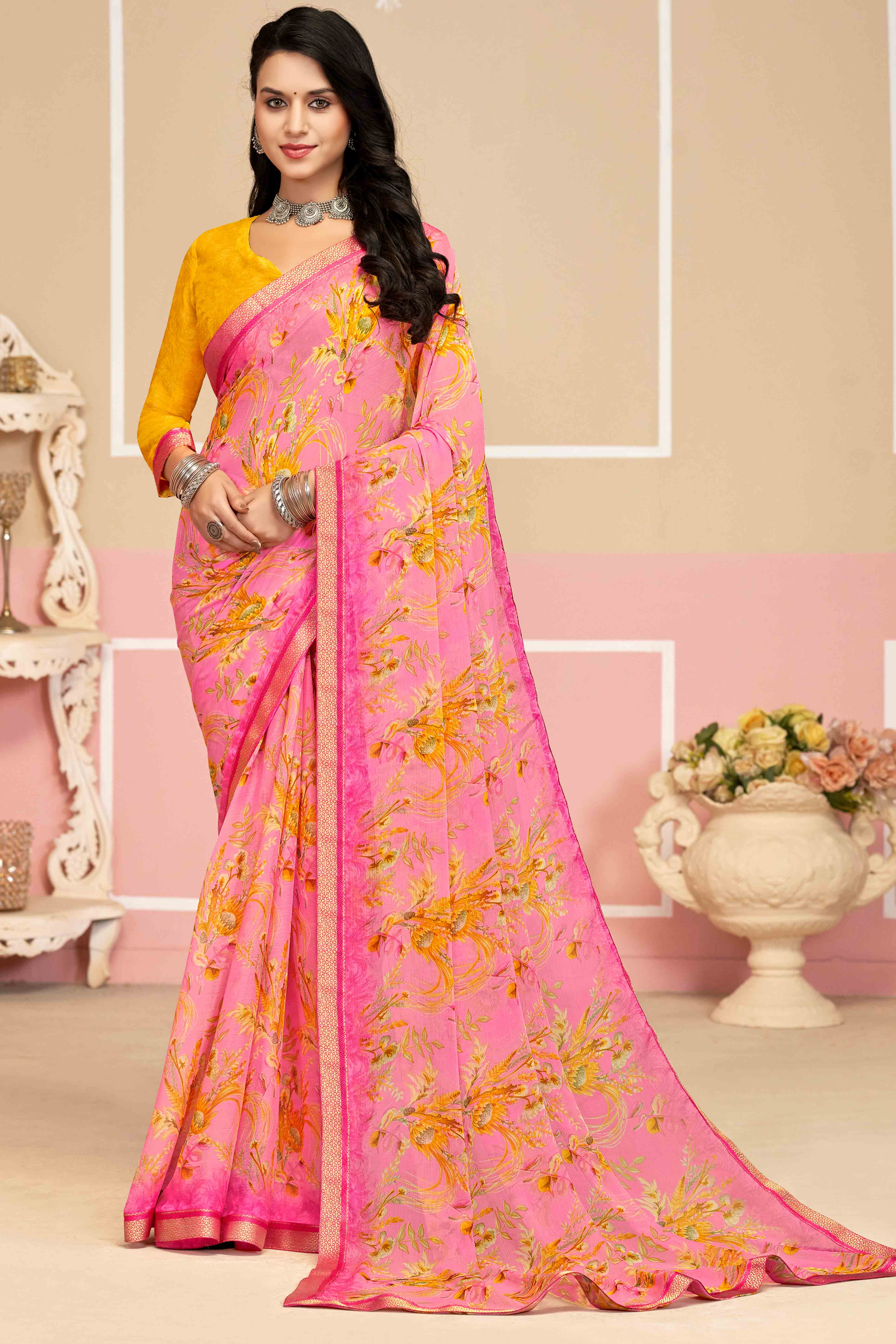 Refreshing Floral Printed Chiffon Saree In Pink with Delicate Woven Lace Border