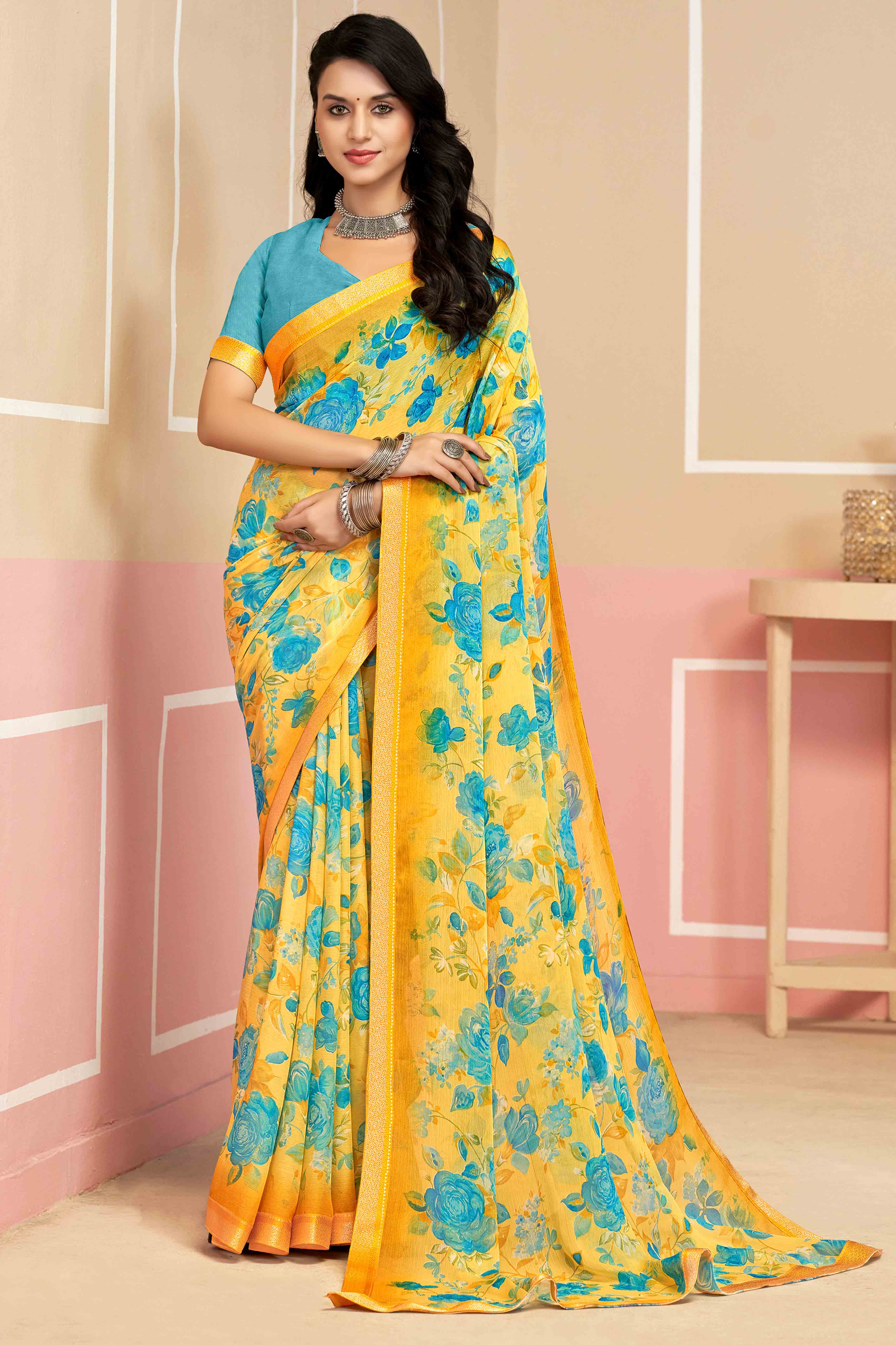 Stunning Floral Printed Chiffon Saree In Yellow with Delicate Woven Lace Border