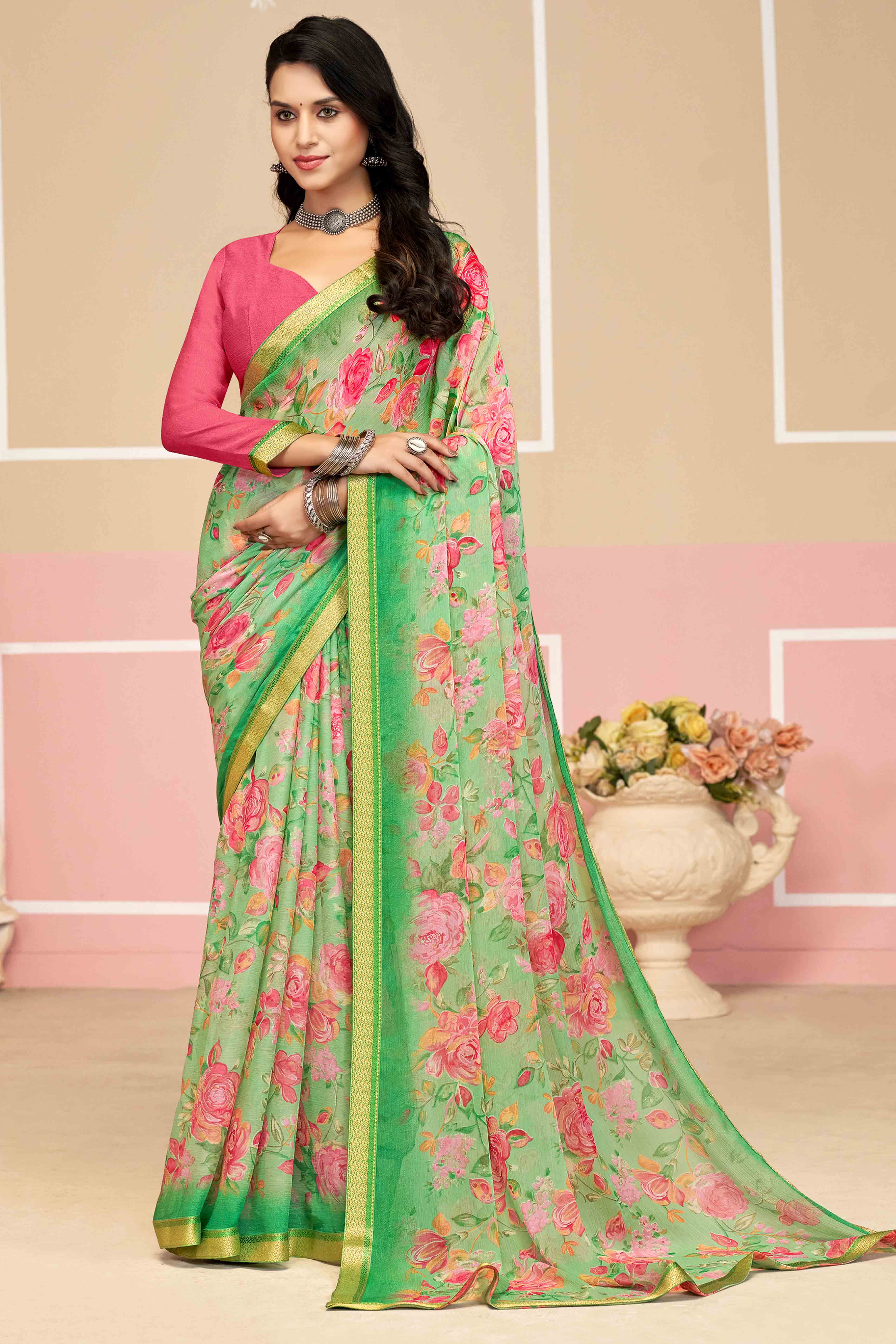 Stunning Floral Printed Chiffon Saree In Green with Delicate Woven Lace Border