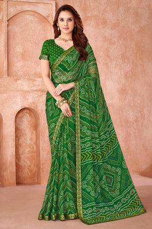 Green Chiffon Saree Featuring Traditional Bandhani Prints & A Graceful Lace Edge