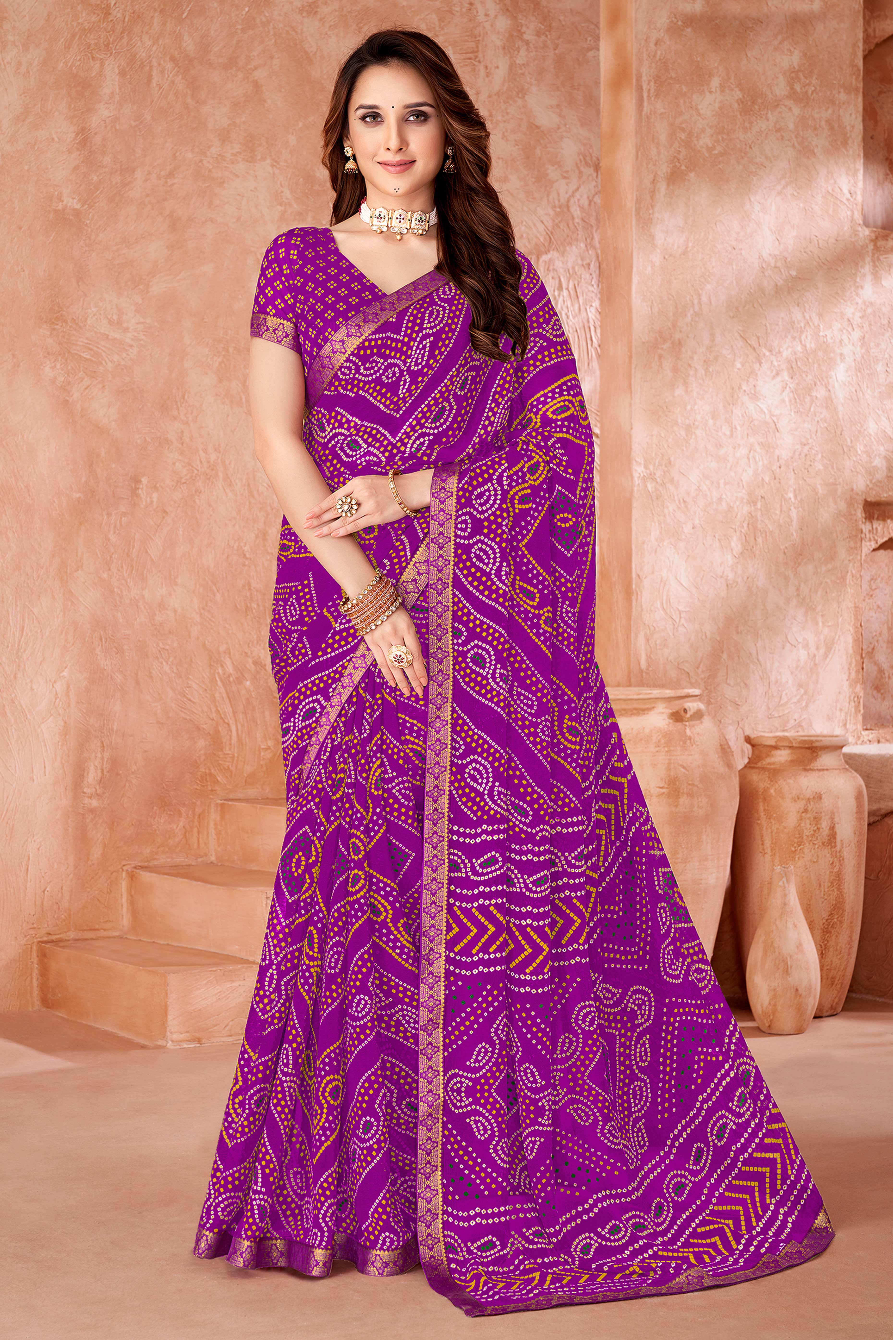Purple Chiffon Saree Featuring Traditional Bandhani Prints & A Graceful Lace Edge